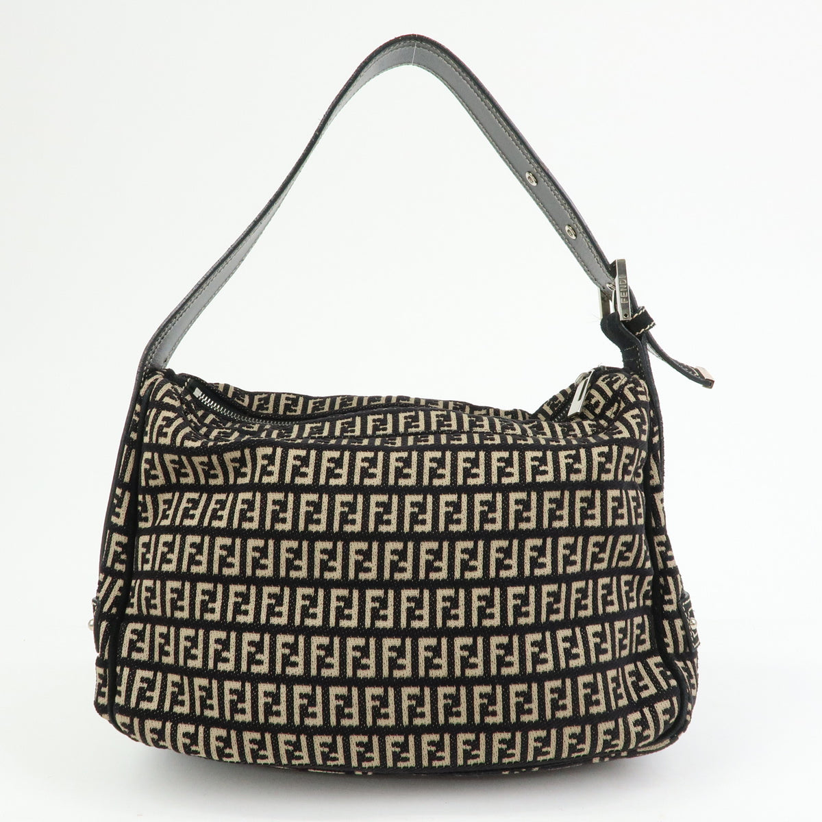 FENDI Zucchino Jacquard Canvas Suede Leather Shoulder Bag Black 8BR098