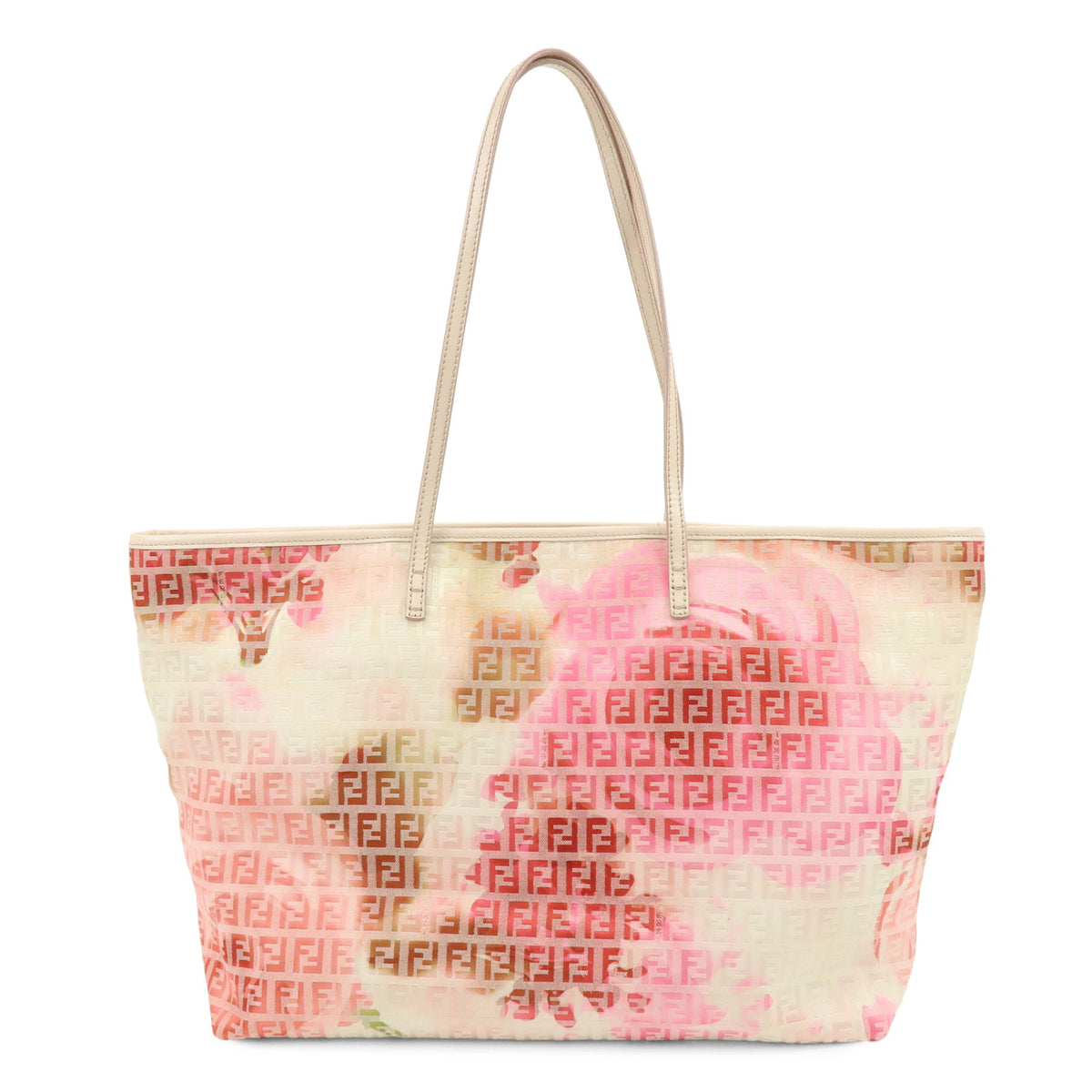 FENDI Zucchino Canvas Leather Tote Bag Flower Vanilla Pink Green 8BH185