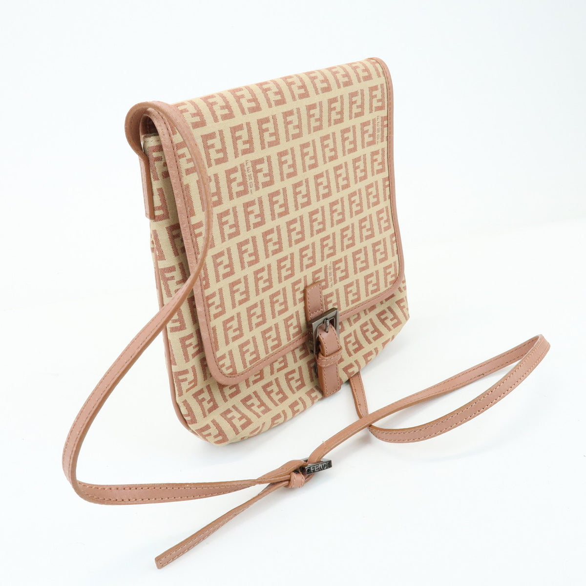 FENDI Zucchino Canvas Leather Shoulder Crossbody Bag Beige Pink 8BT052