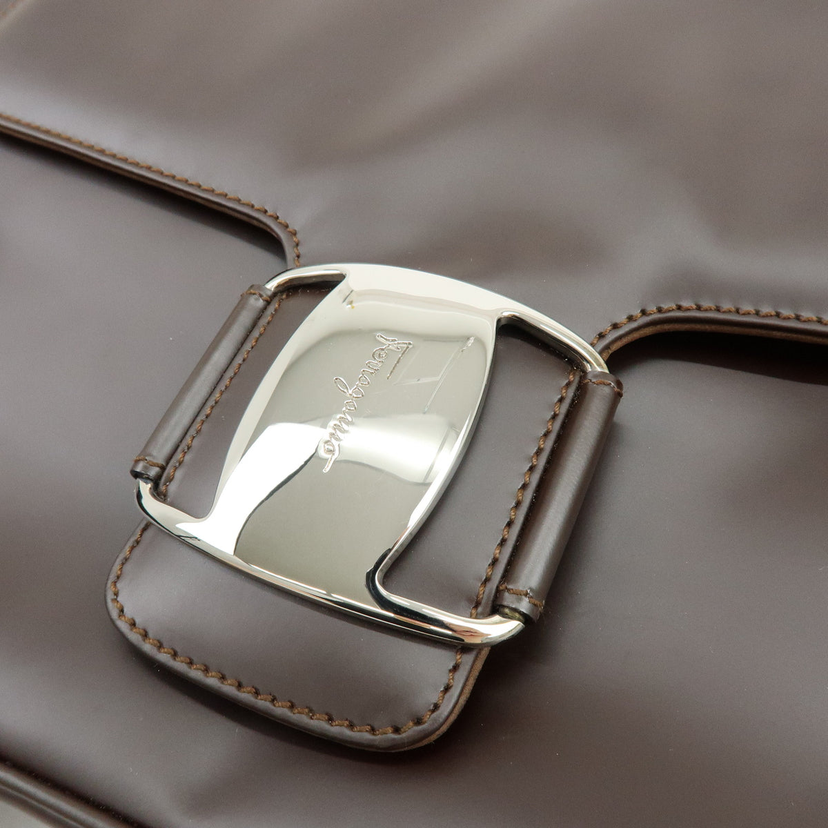 Ferragamo Vara Leather Shoulder Bag Hand Bag Dark Brown