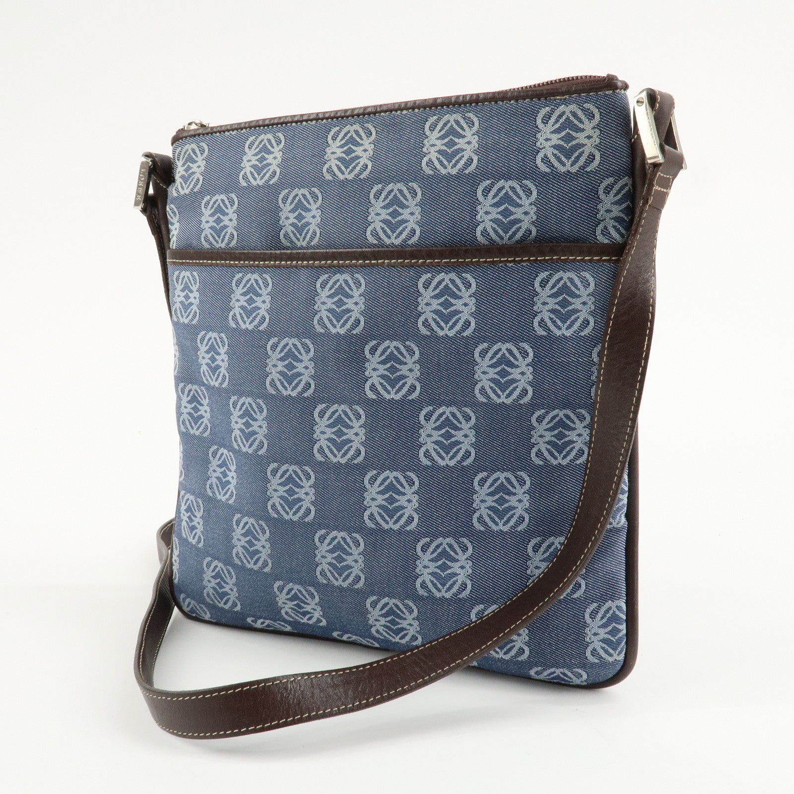 LOEWE Repeat Anagram Canvas Leather Shoulder Bag Crossbody Bag Blue Used