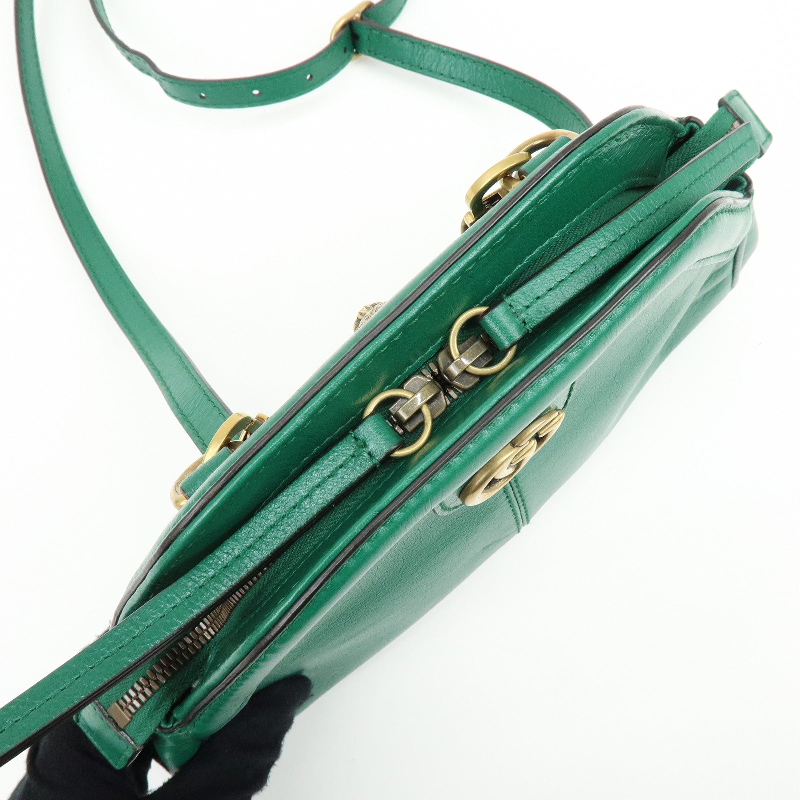GUCCI Animalier Double G Small Cat Head Shoulder Bag Green 524620