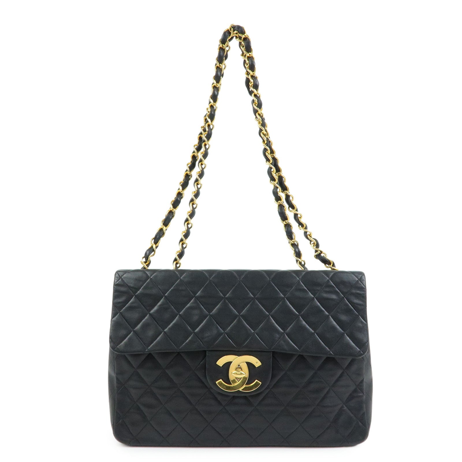 CHANEL Jumbo Matelasse 34 COCO Mark Lamb Skin Shoulder Bag Black A01094