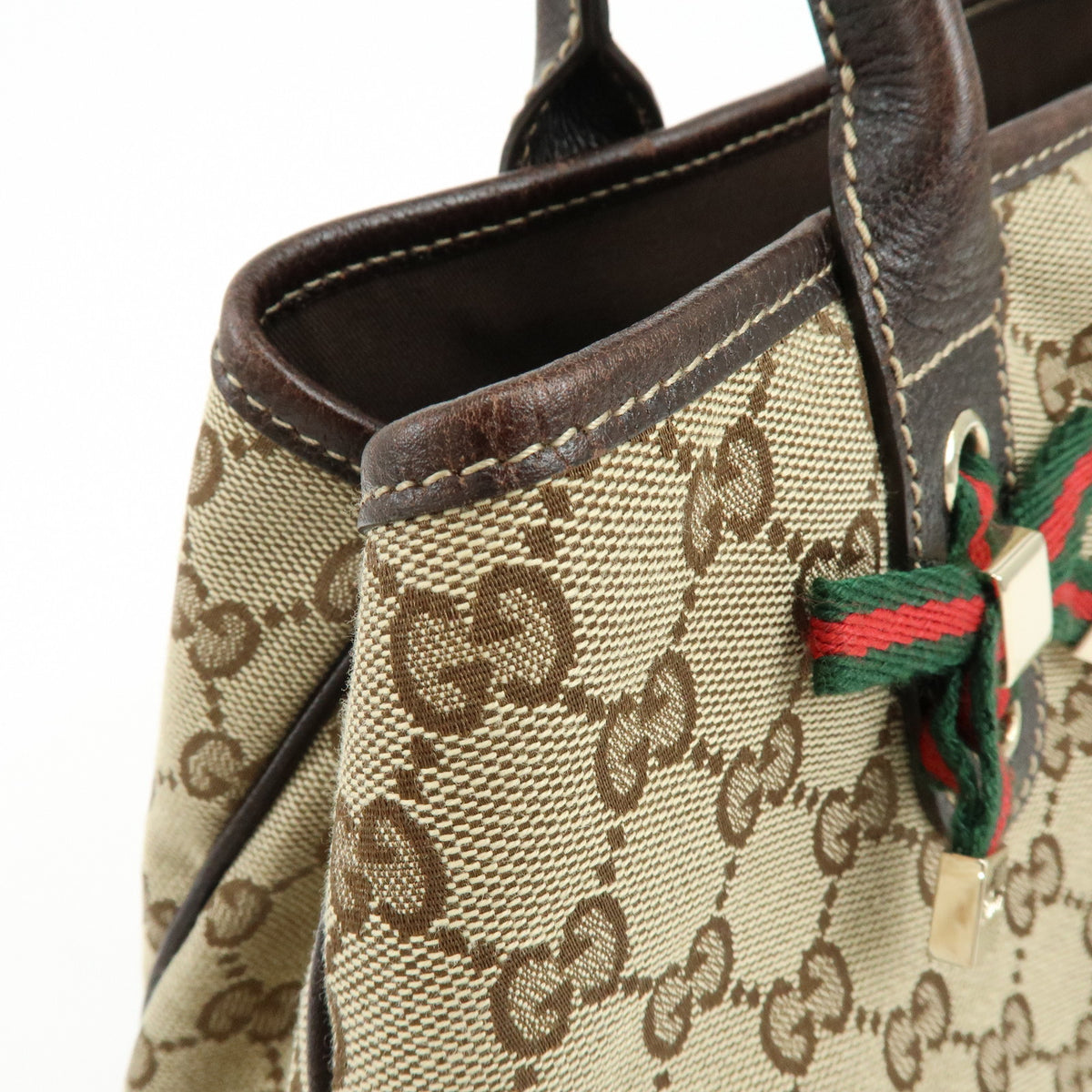 GUCCI Princy Sherry GG Canvas Leather Tote Bag Beige Brown 163805