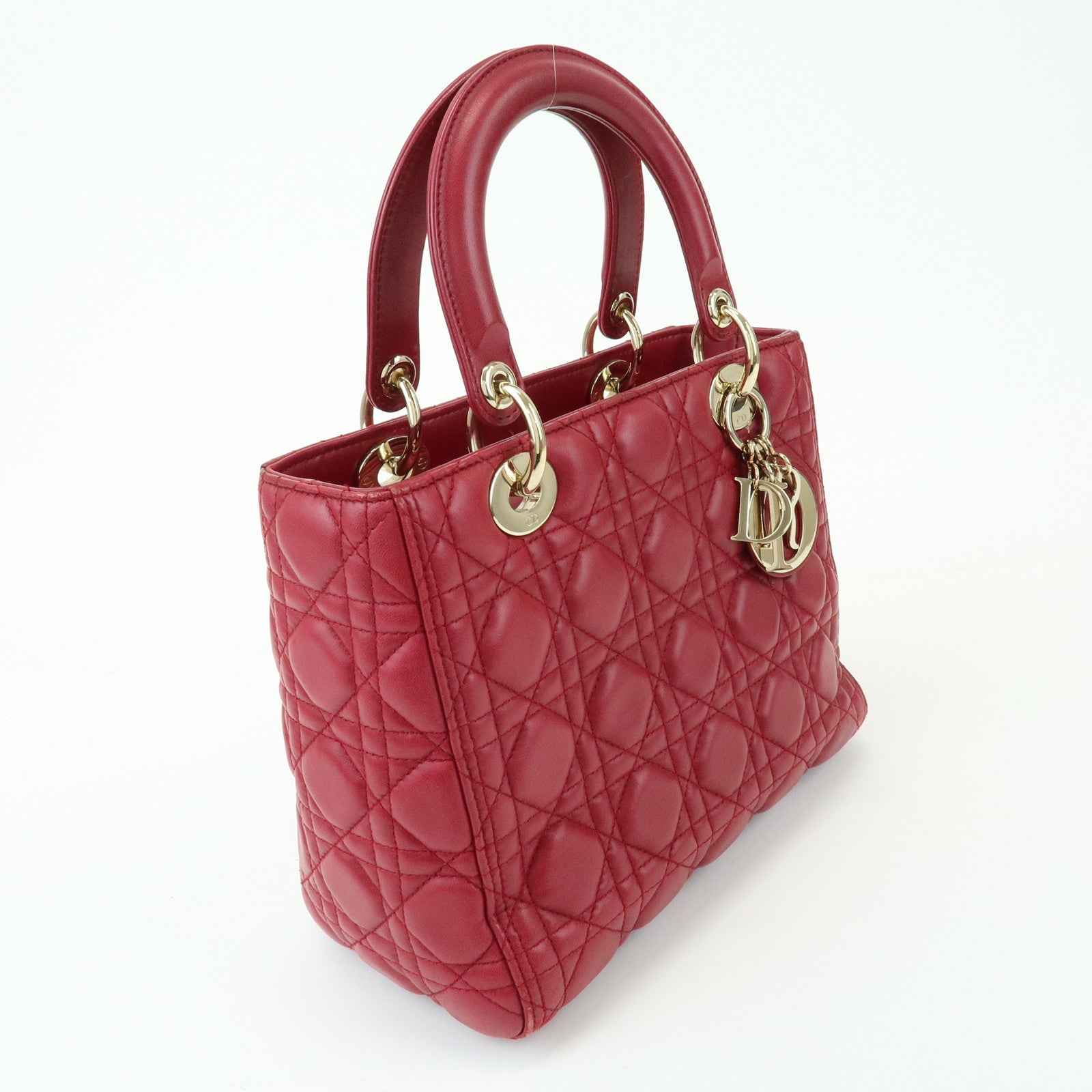 Christian Dior Lady Dior Cannage Lamb Skin Hand Bag Red