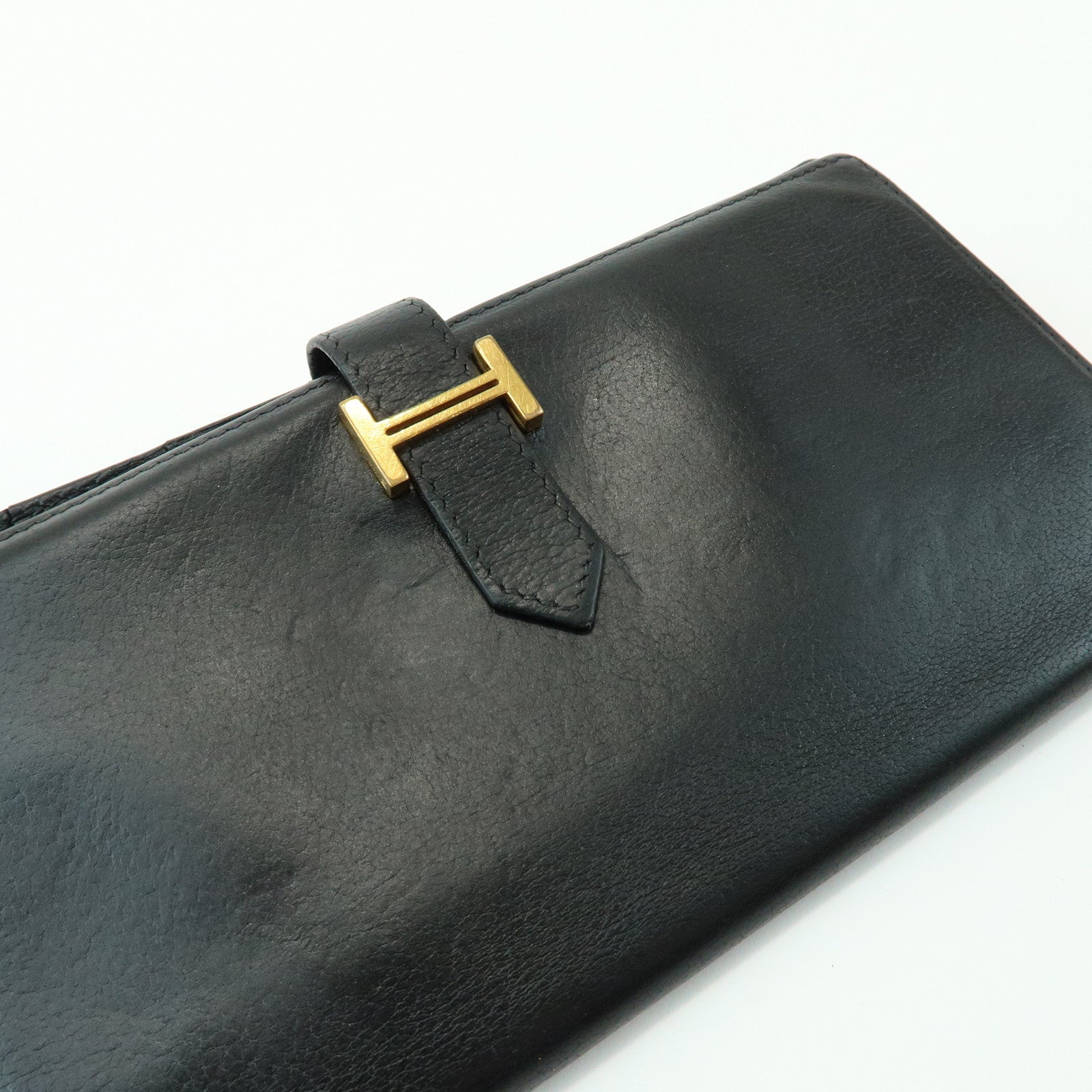 HERMES Bearn Calf Leather Bi-fold Long Wallet □I Stamped Black