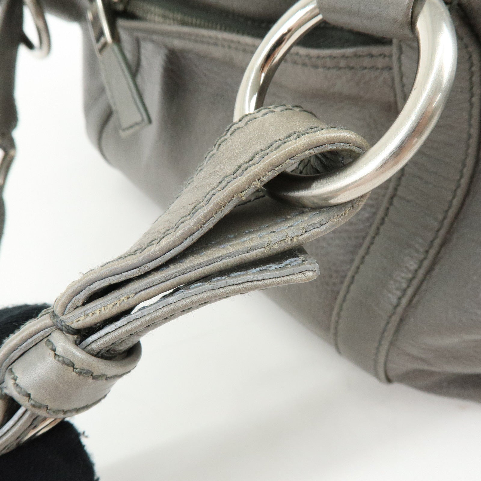 PRADA Triangle Logo Leather Boston Bag Shoulder Bag Gray BR2630