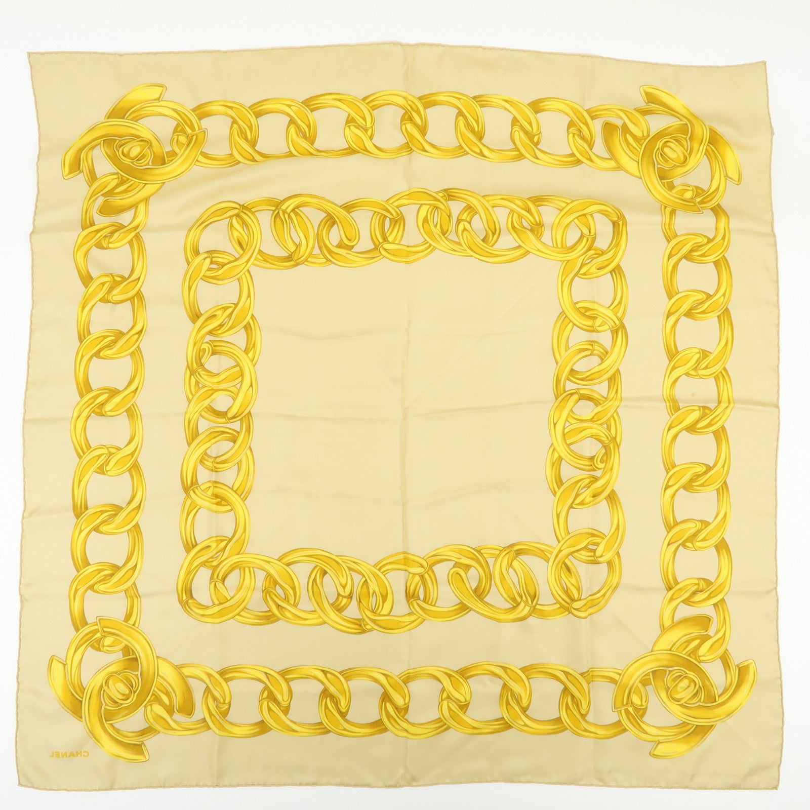 CHANEL Silk 100% Scarf Gold Chian Motif Beige Gold