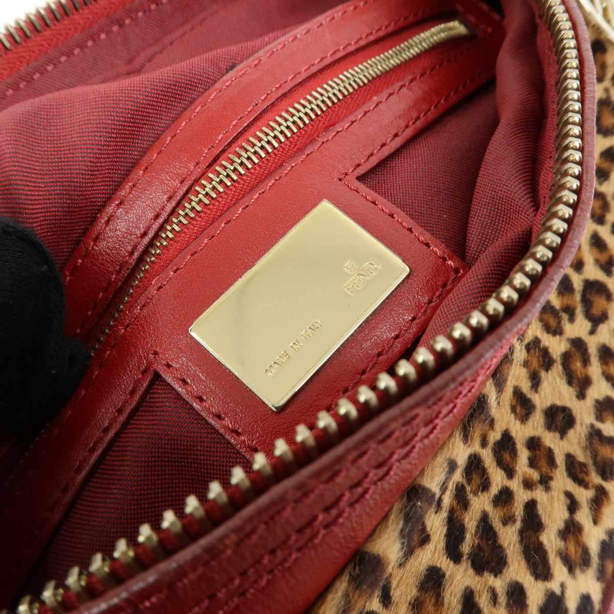 FENDI Pony Hair Leather Leopard Shoulder Bag Hand Bag Brown Red 8BR448