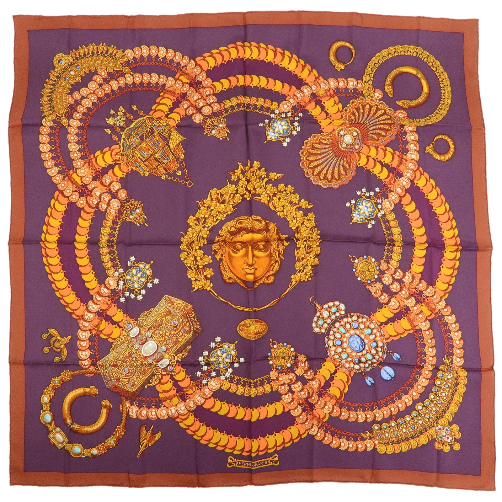 HERMES Carre 90 Silk 100% Scarf KOSMIMA Jewelry Brown Mustard Purple