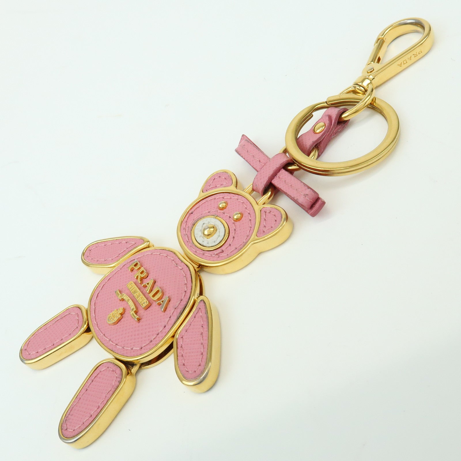 PRADA Metal Saffiano Leather Bag Charm Key Charm Bear Motif Pink