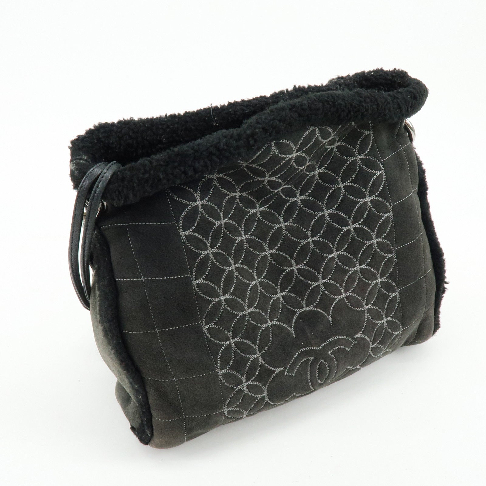 CHANEL Mouton Fur Leather Shoulder Bag with Strap Set Black
