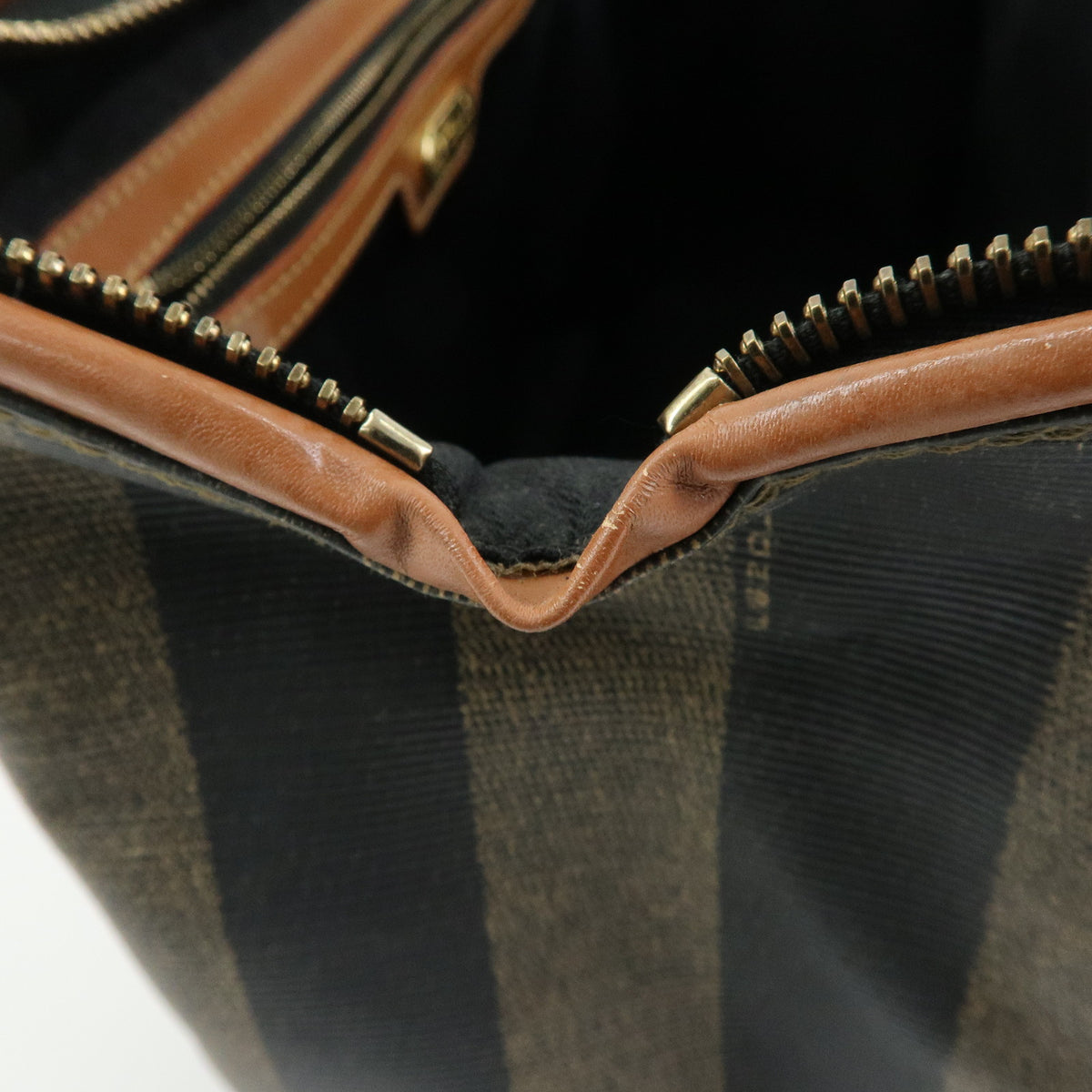 FENDI Pequin PVC Leather Boston Bag Hand Bag Brown Beige Black