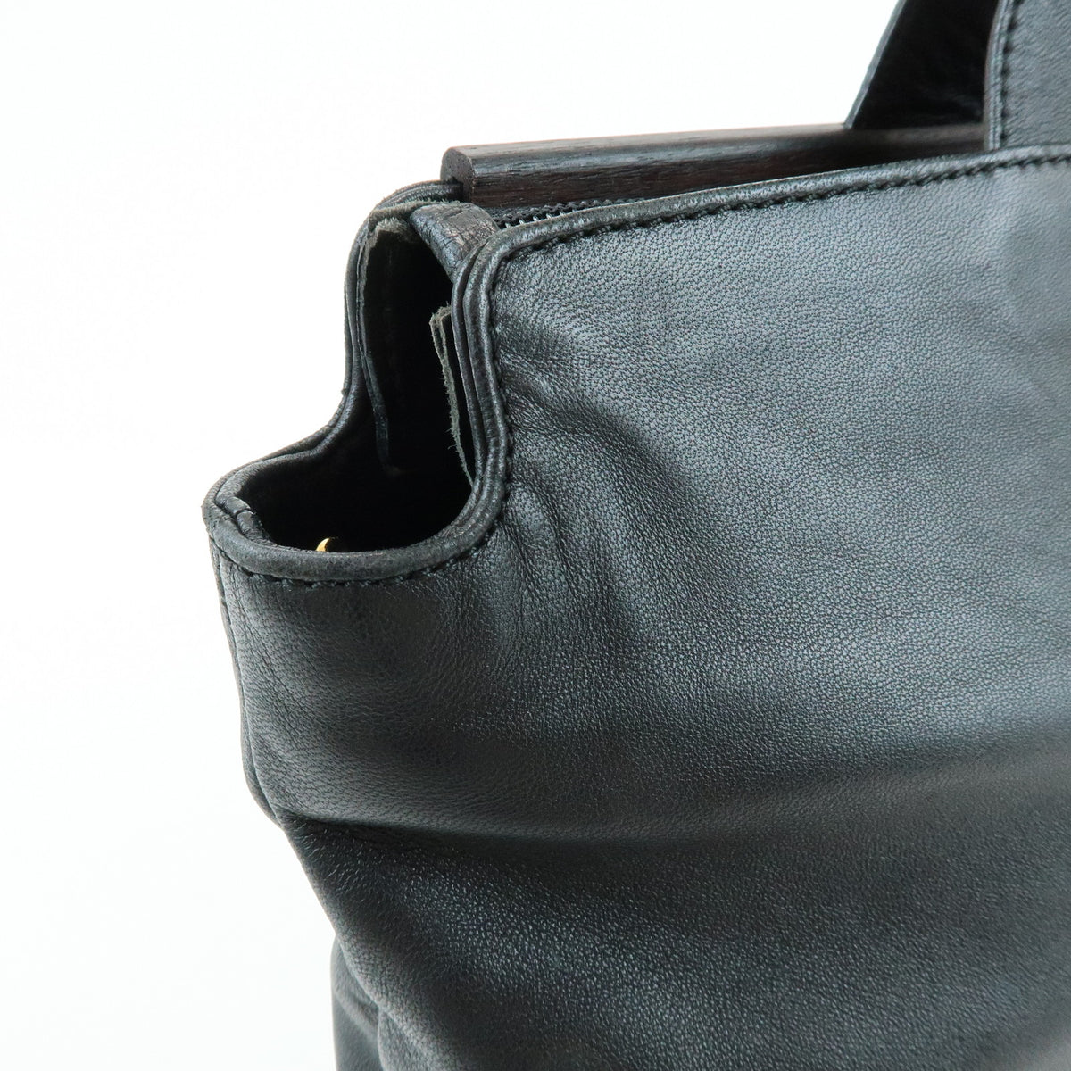 LOEWE Nappa Leather Wood Hand Bag Tote Bag Black Brown
