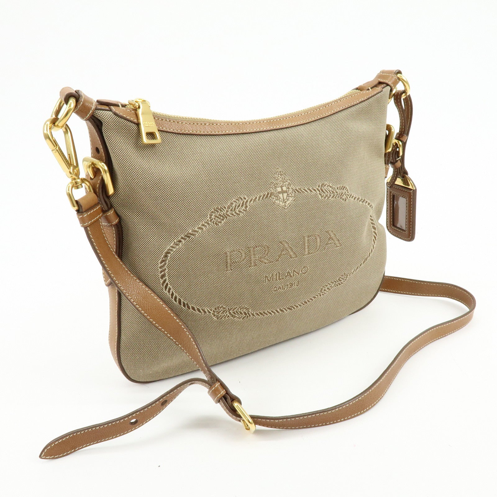 PRADA Logo Jacquard Canvas Leather Shoulder Bag Crossbody Bag Brown