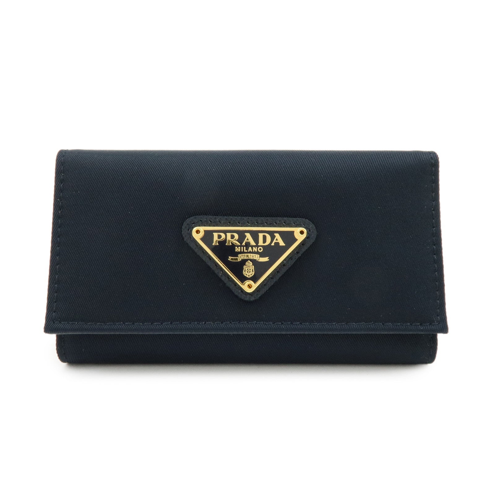PRADA Triangle Logo Nylon Saffiano Leather Key Case Black 1M0222