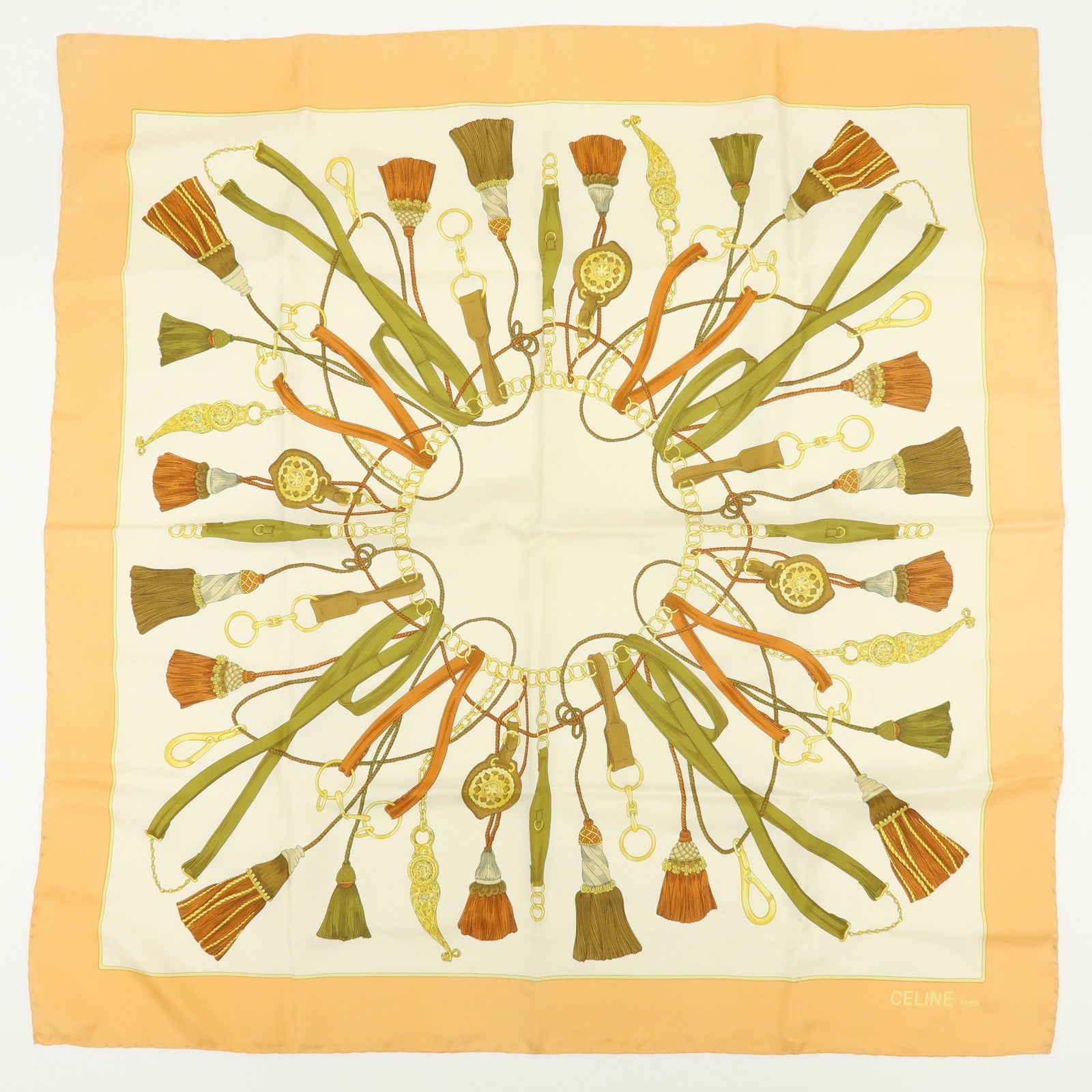 CELINE Set of 4 Silk Cotton Scarf Shawl Tassel Motif Beige Black Red