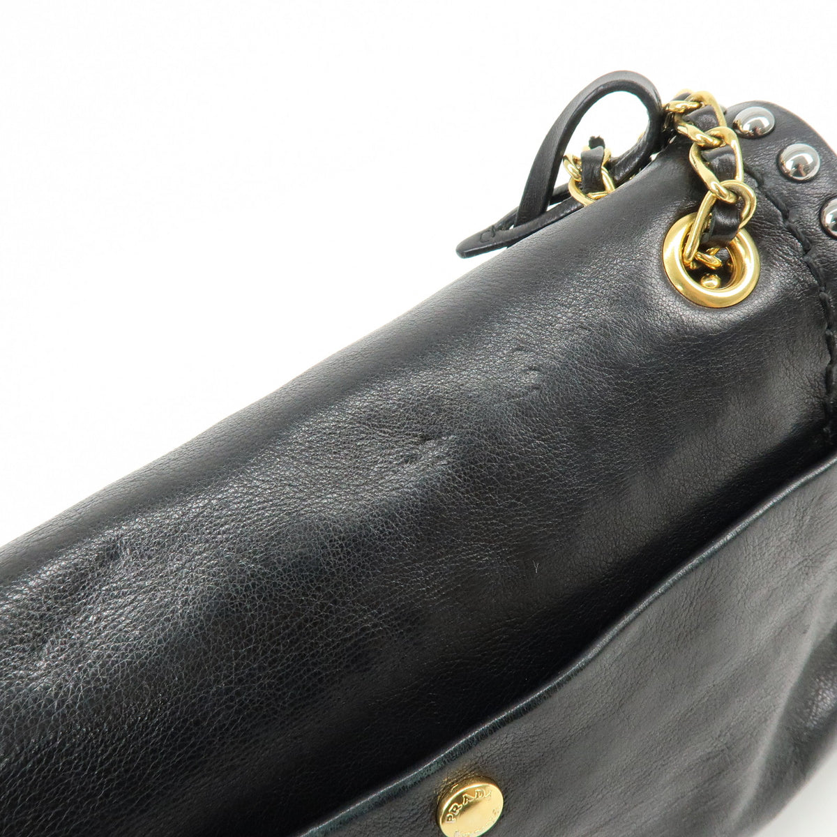 PRADA Leather Chain Shoulder Bag Studded Black Gold Silver BR4588
