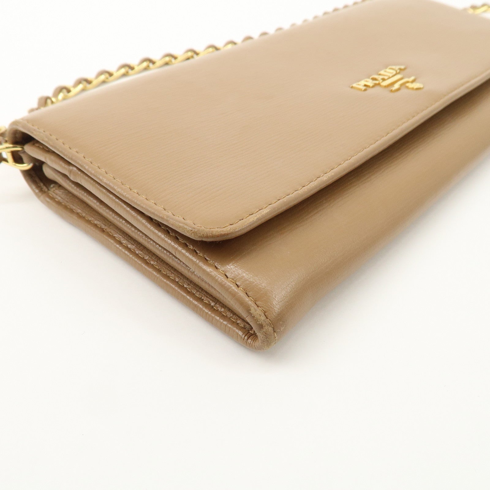 PRADA Logo Leather Chain Wallet WOC Beige Gold Hardware 1MT290 Used