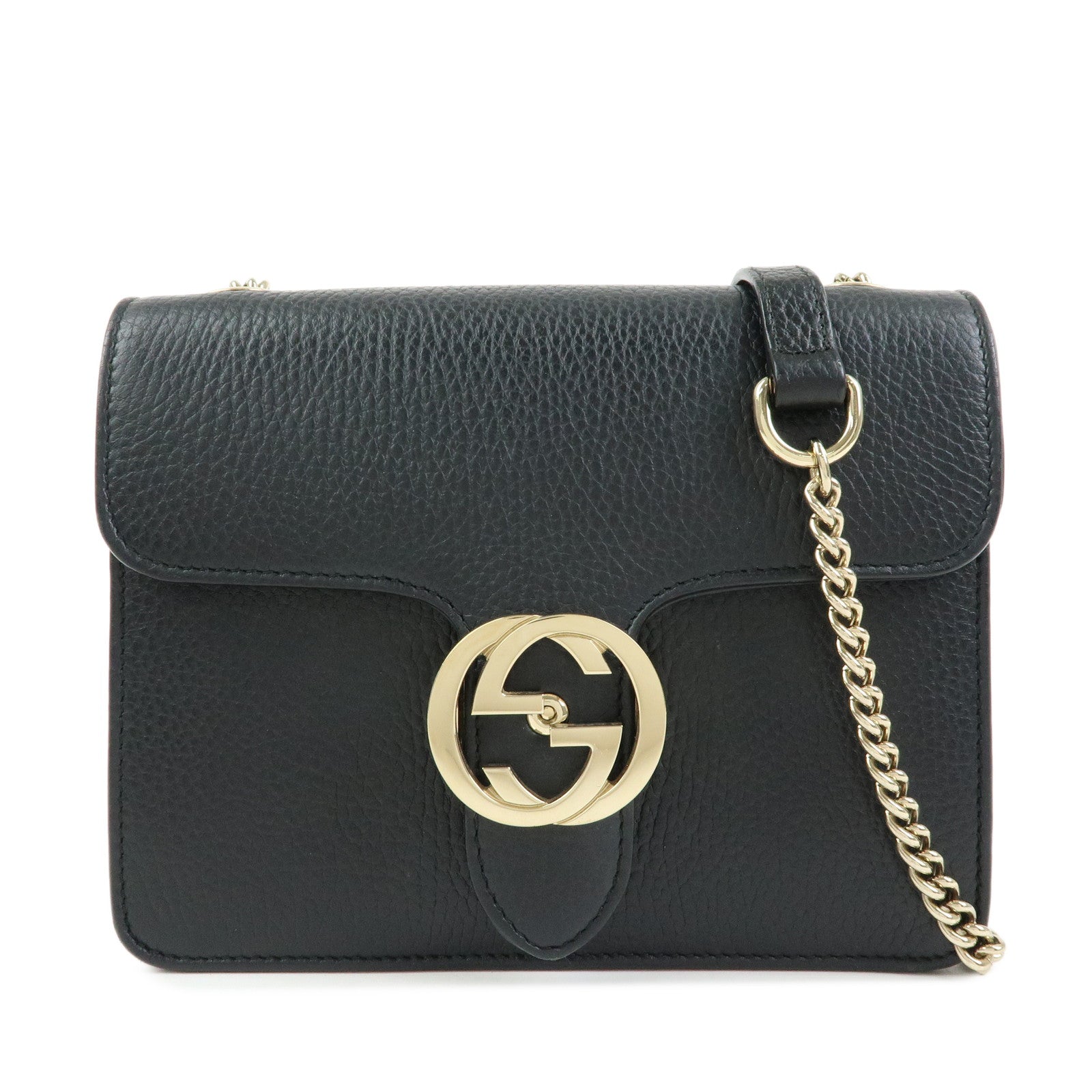 GUCCI Interlocking G Leather Chain Flap Shoulder Bag Black 510304