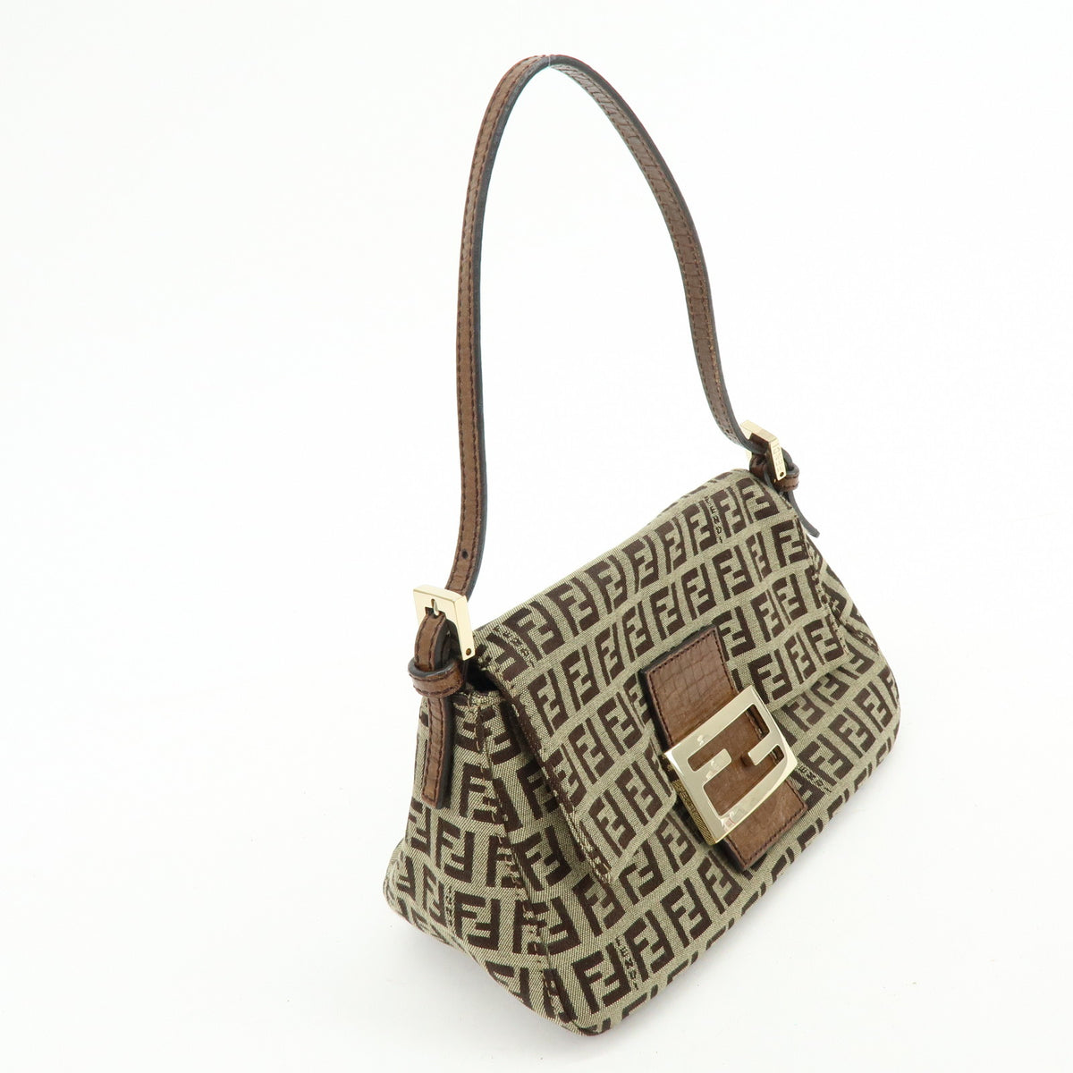 FENDI Mini Mamma Baguette Zucchino Canvas Leather Shoulder Bag 8BR180