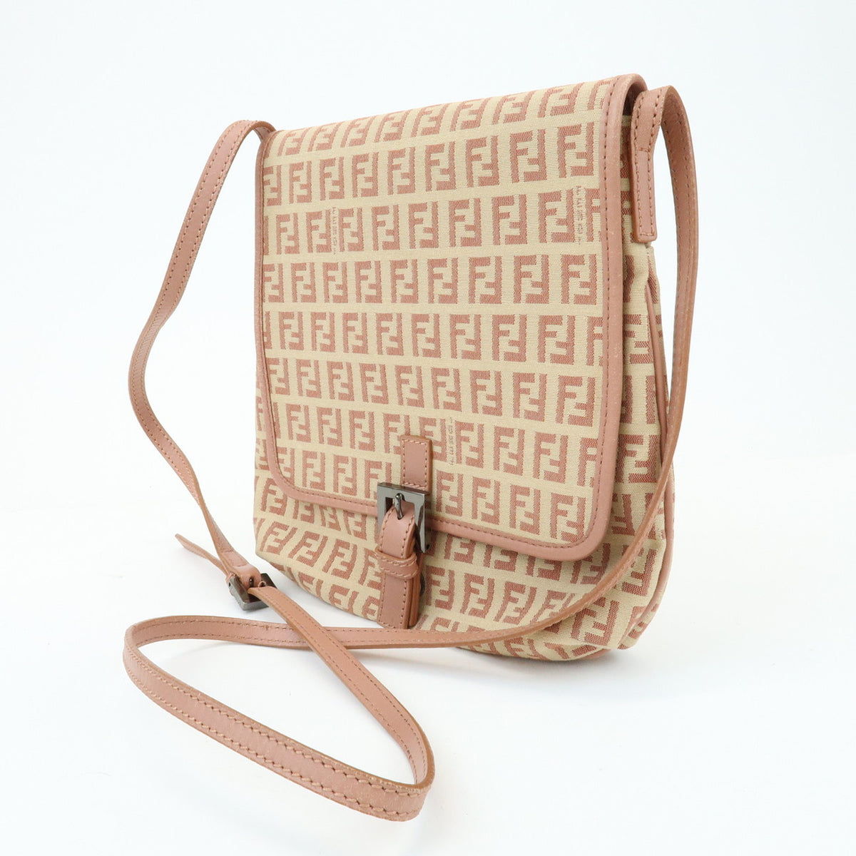 FENDI Zucchino Canvas Leather Shoulder Crossbody Bag Beige Pink 8BT052