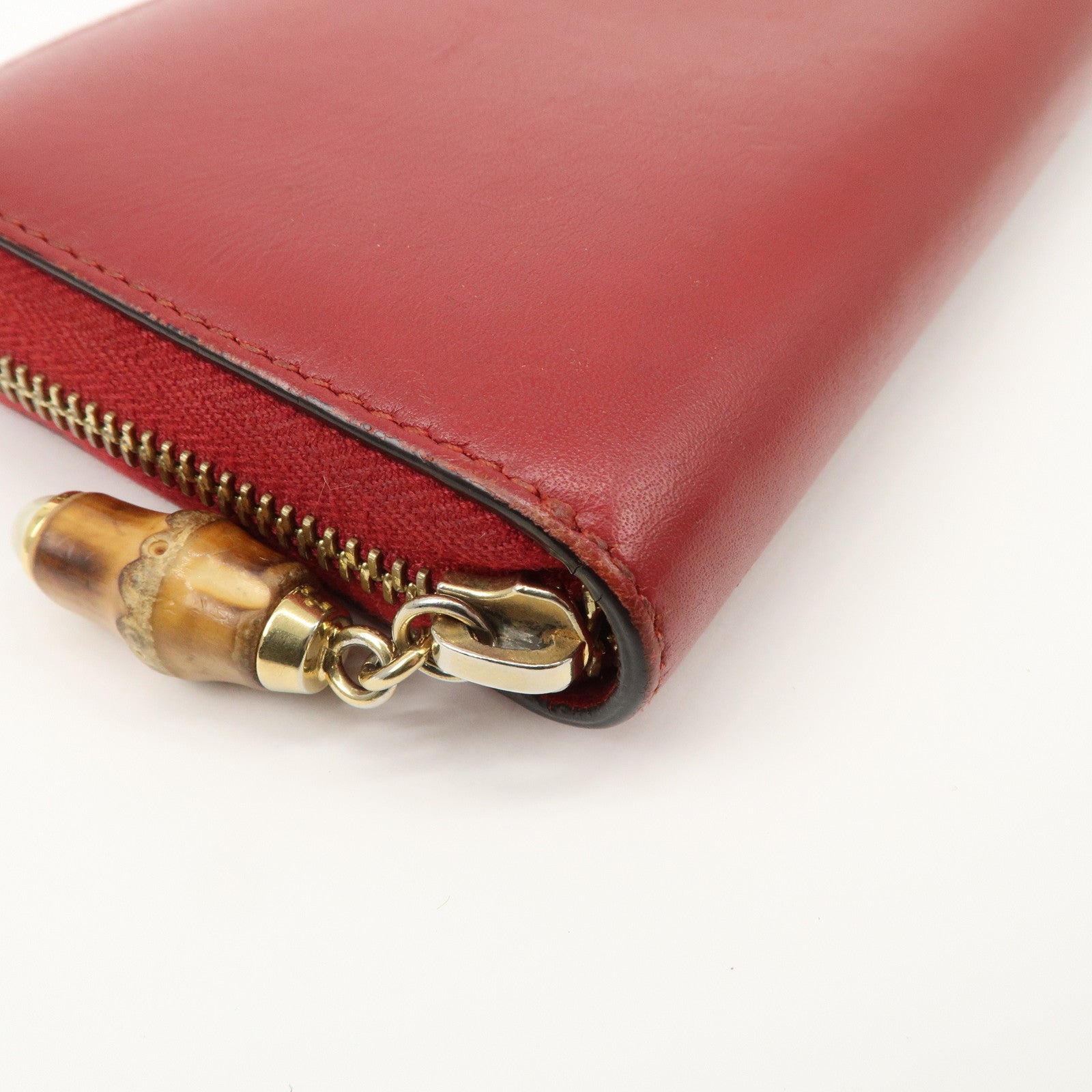 GUCCI Bamboo Leather Round Zippy Wallet Long Wallet Red Used