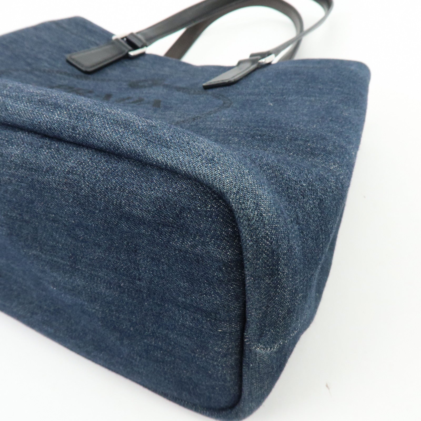 PRADA Logo Denim Leather Tote Bag Shoulder Hand Bag Navy Black 1BG356