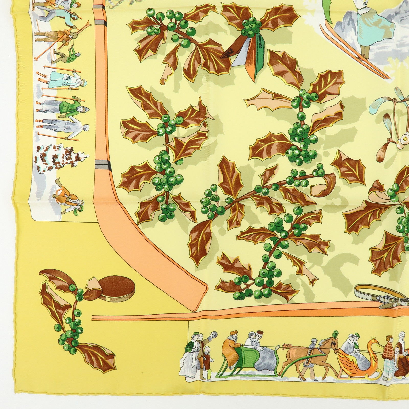 HERMES Carre 90 Silk 100% Scarf Neige d'Antan Yellow
