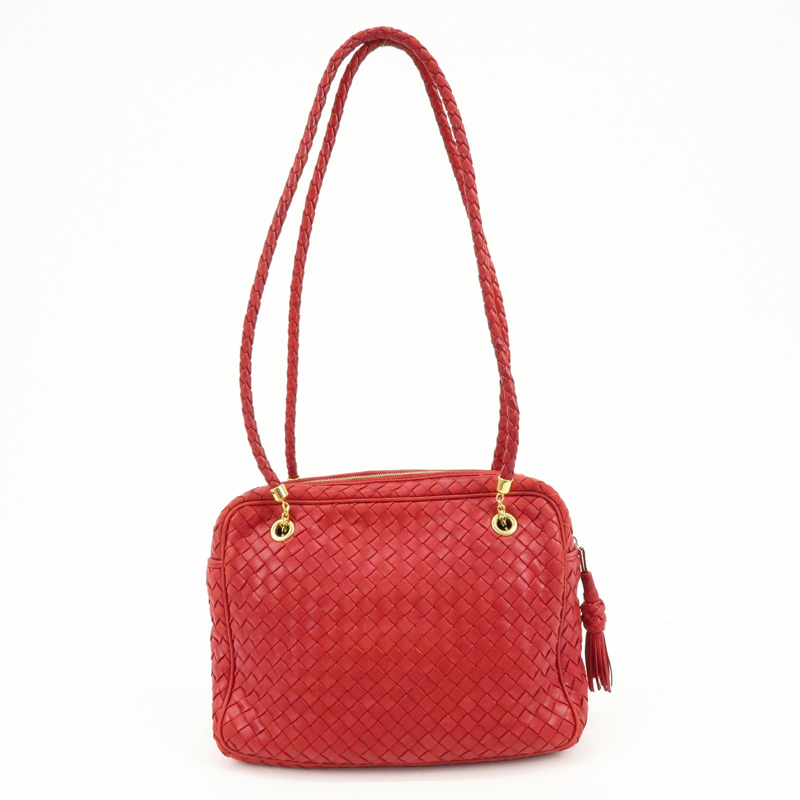 BOTTEGA VENETA Intrecciato Leather Shoulder Bag Tassel Red