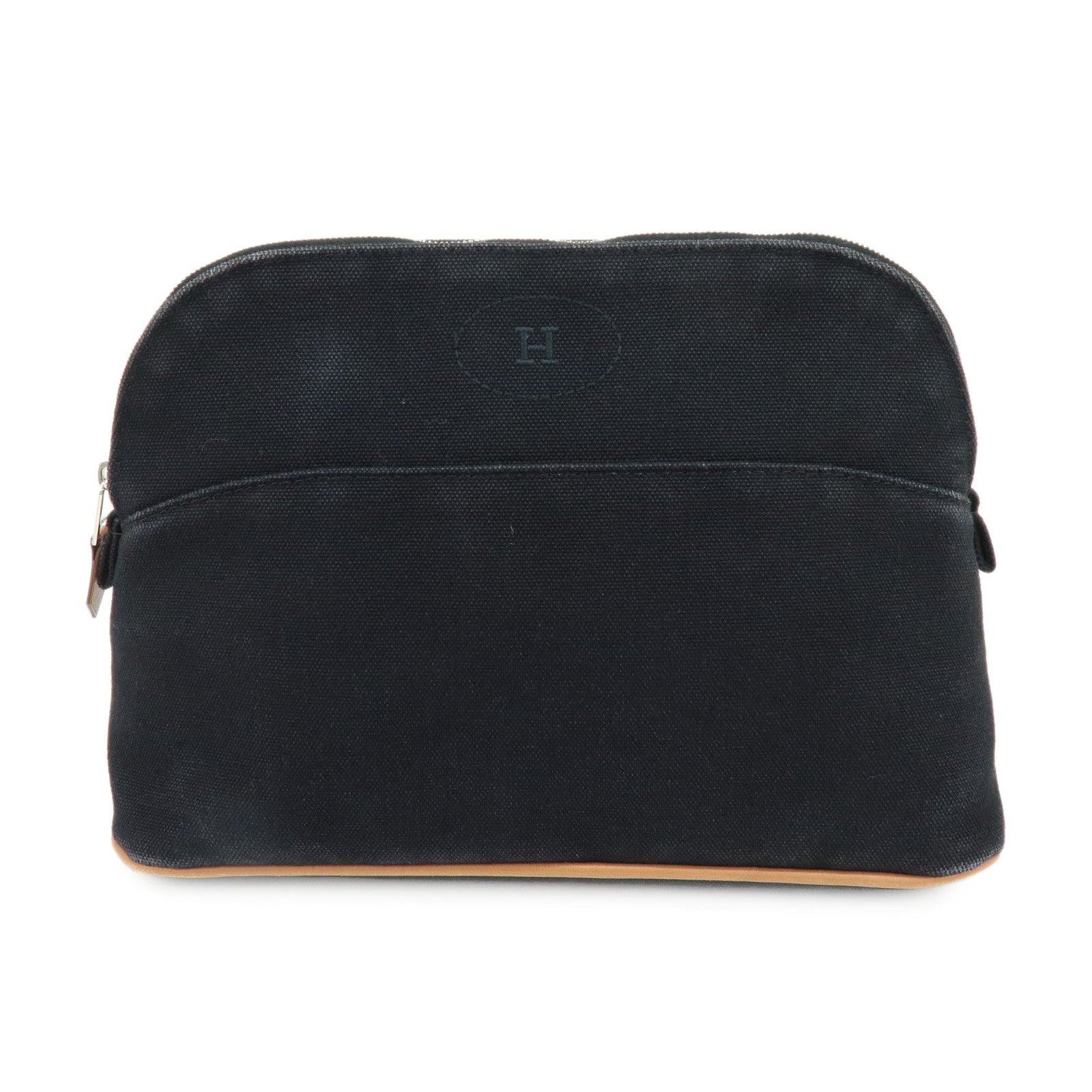 HERMES Bolide Pouch MM Cotton Leather Cosmetic Bag Black Brown