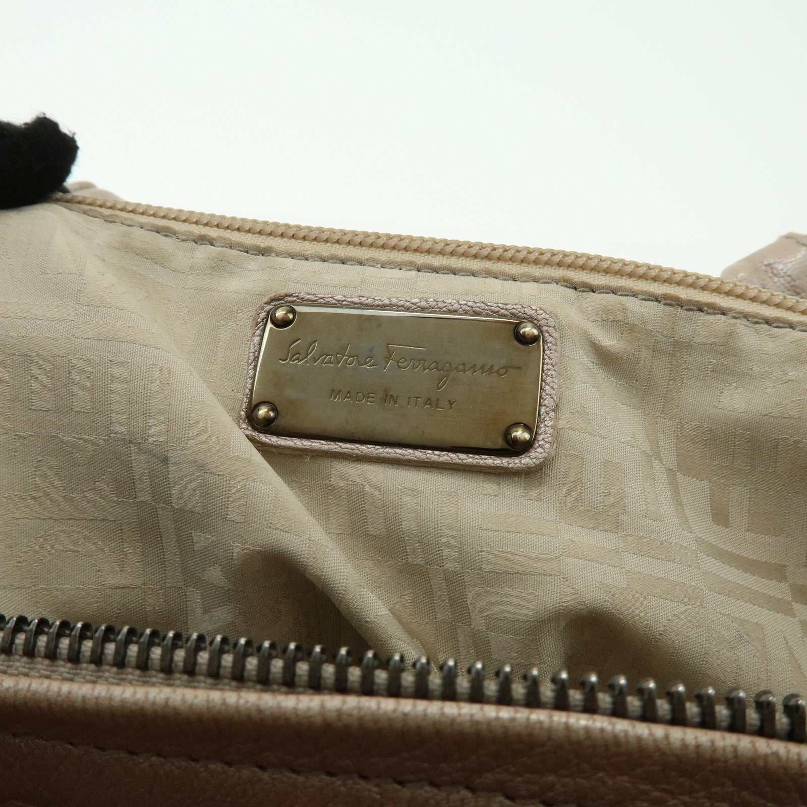 Ferragamo Gancini Leather Hand Bag Shoulder Bag Braid Pink Beige