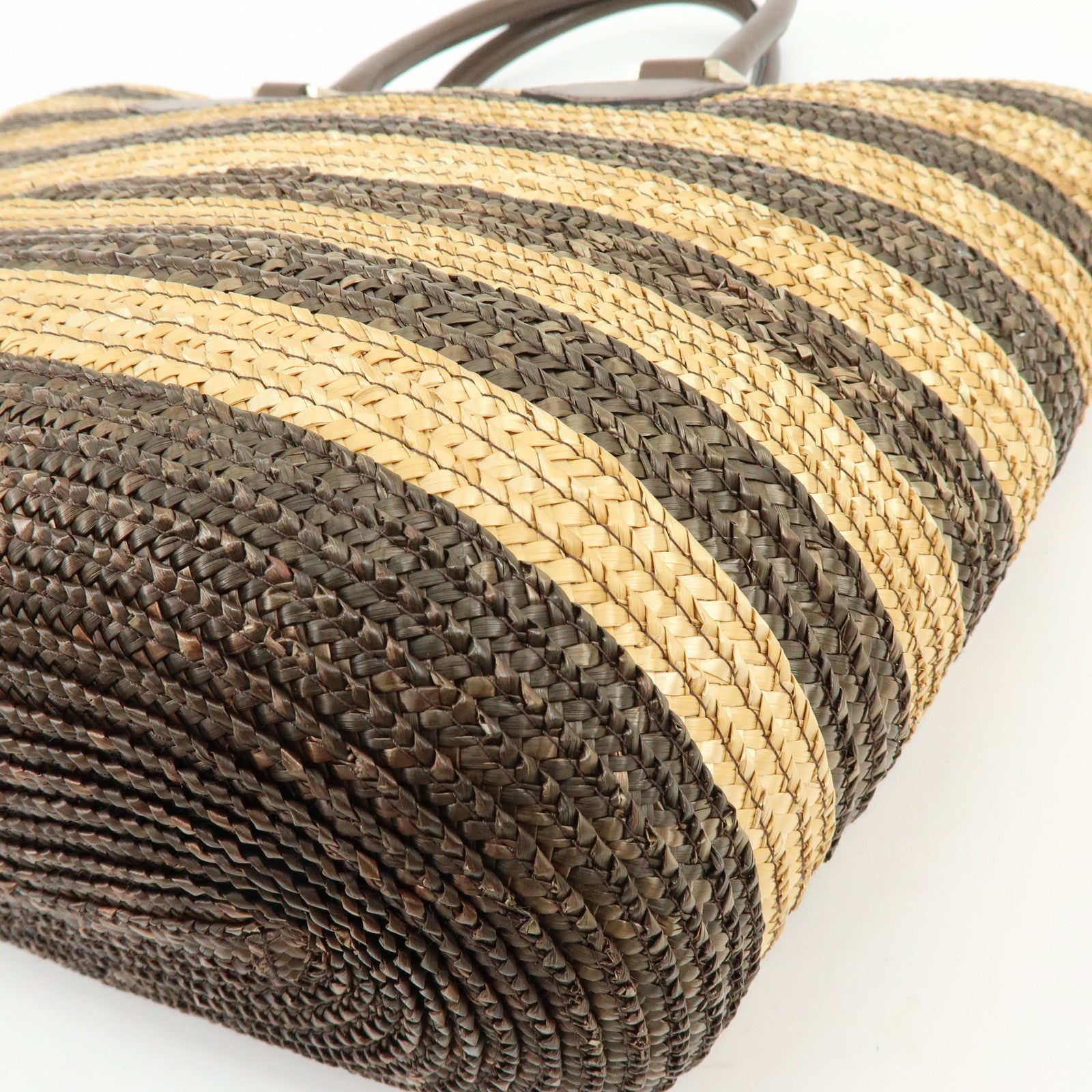 FENDI Pequin Raffia Leather Tote Bag Shoulder Bag Brown Natural