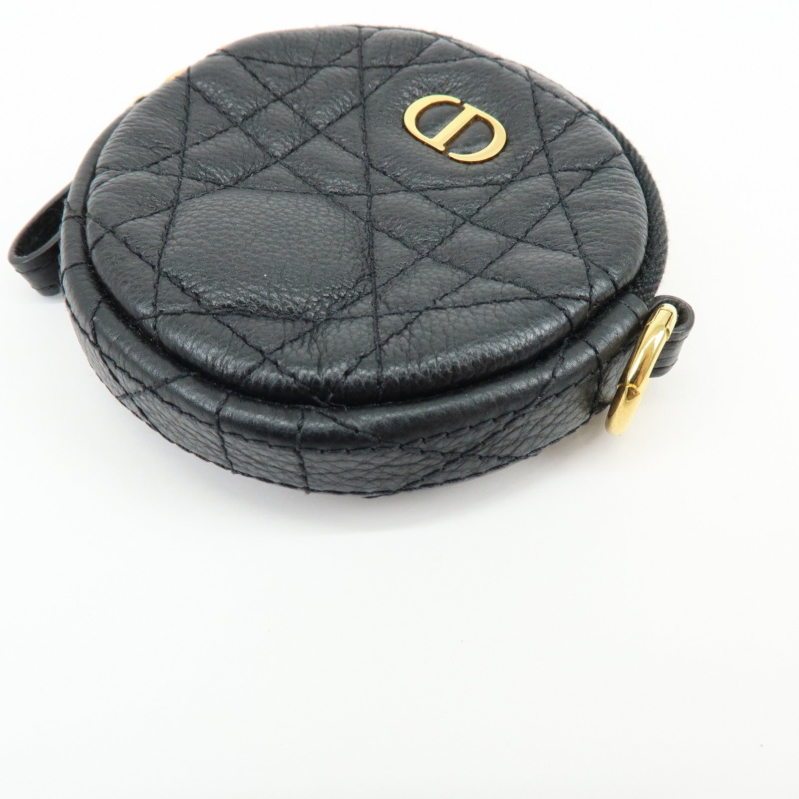 Christian Dior Caro Cannage Calf Skin Round Coin Case Bag Charm Black