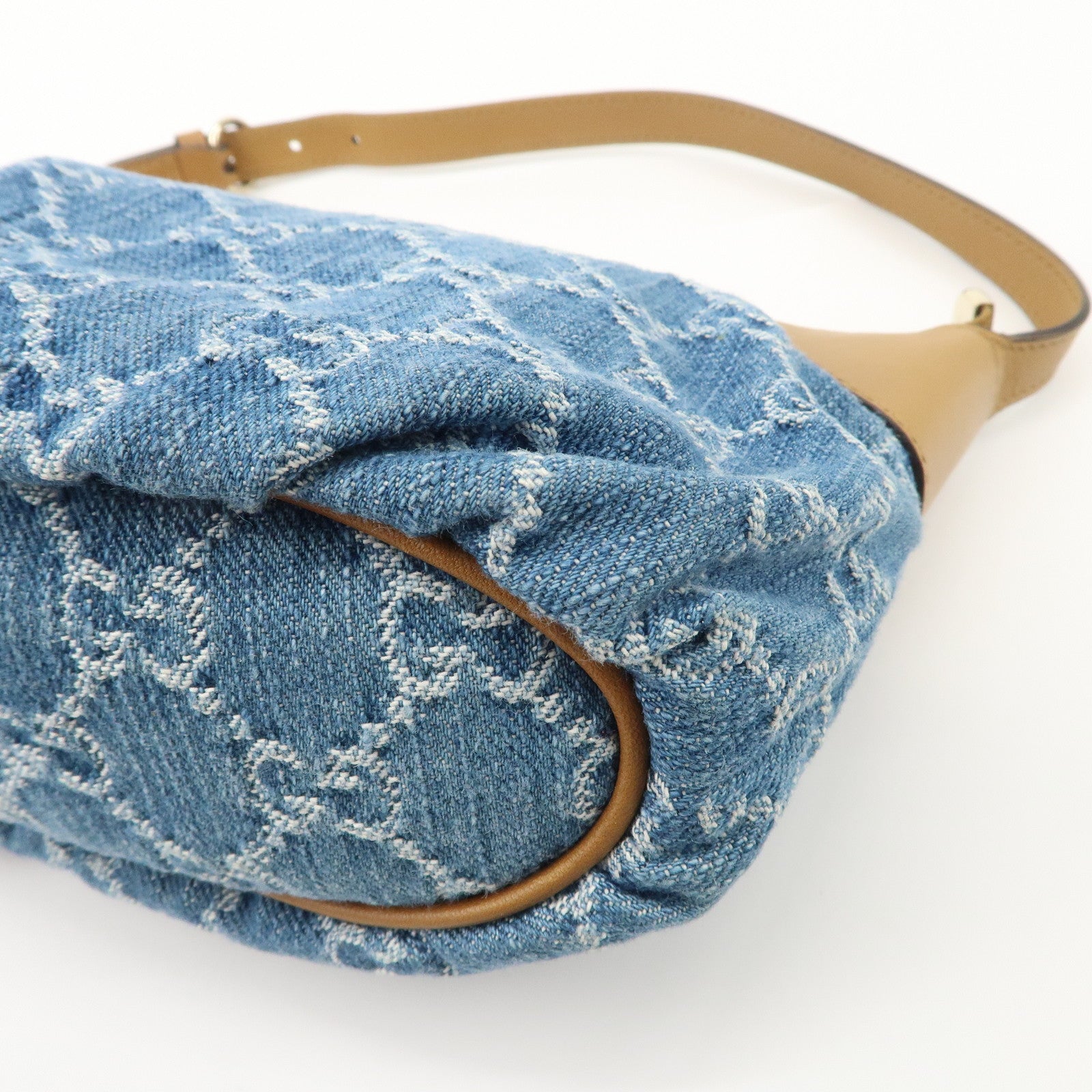 GUCCI GG Denim Leather Accessory Pouch Hand Bag Blue Brown 224093 Used