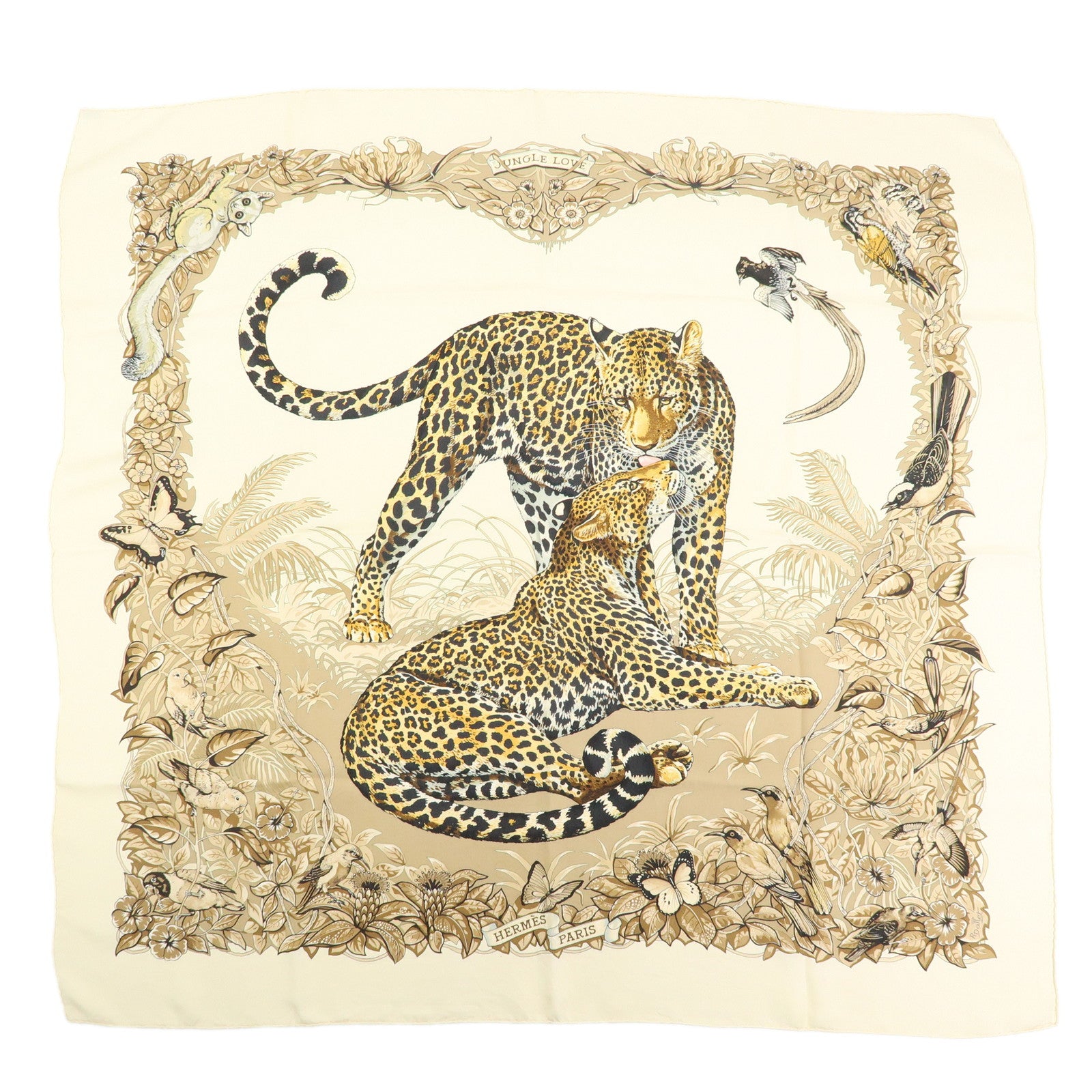 HERMES Carre 90 Silk 100% Scarf JUNGLE LOVE Light Brown Beige