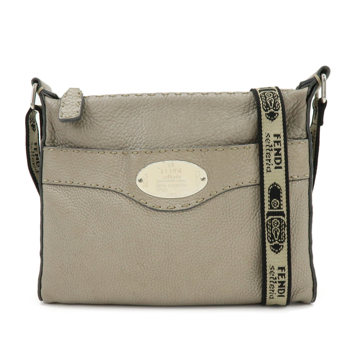 FENDI Selleria Leather Shoulder Bag Crossbody Bag Greige 8BT092
