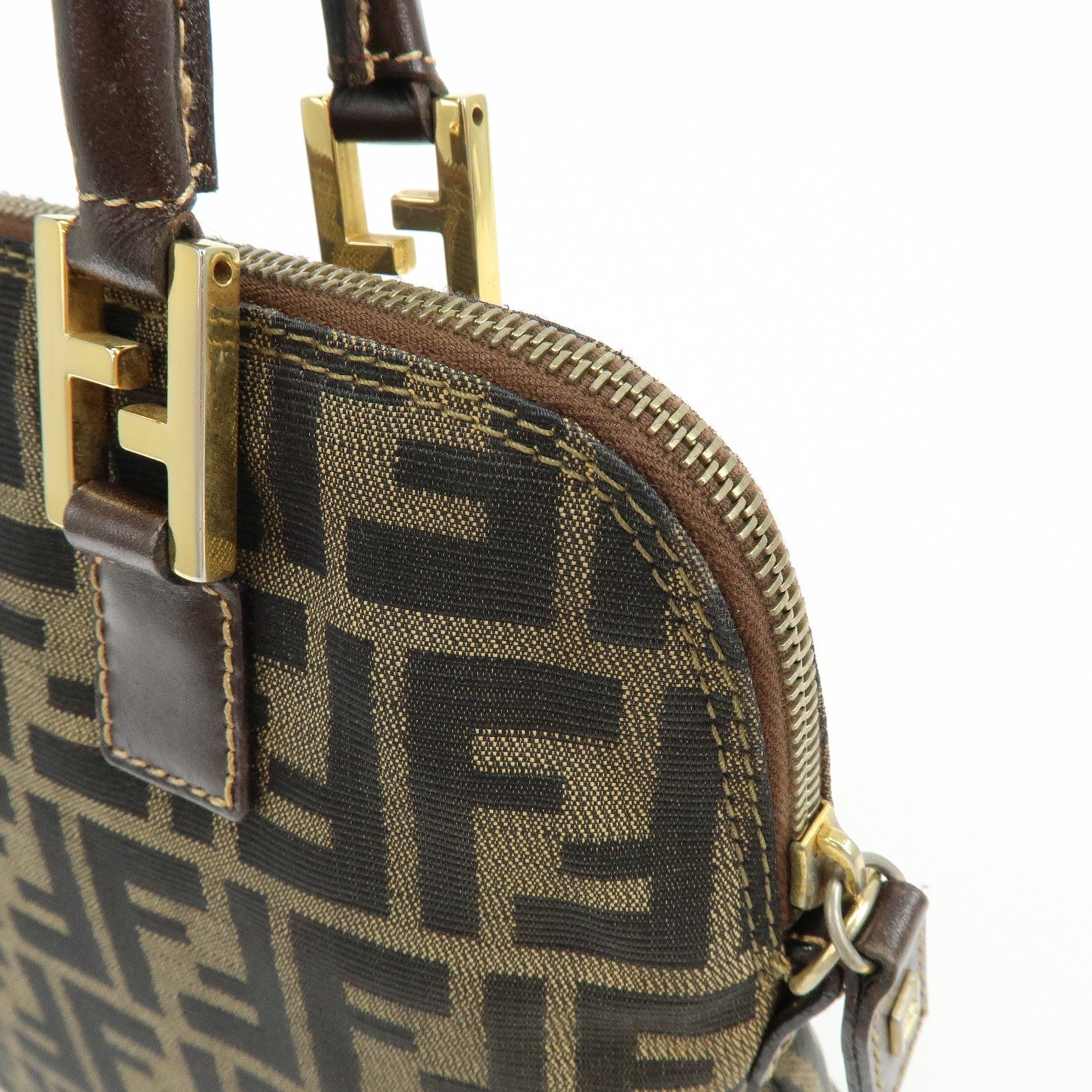 FENDI Zucca Canvas Leather 2Way Bag Hand Bag Shoulder Bag Brown Black