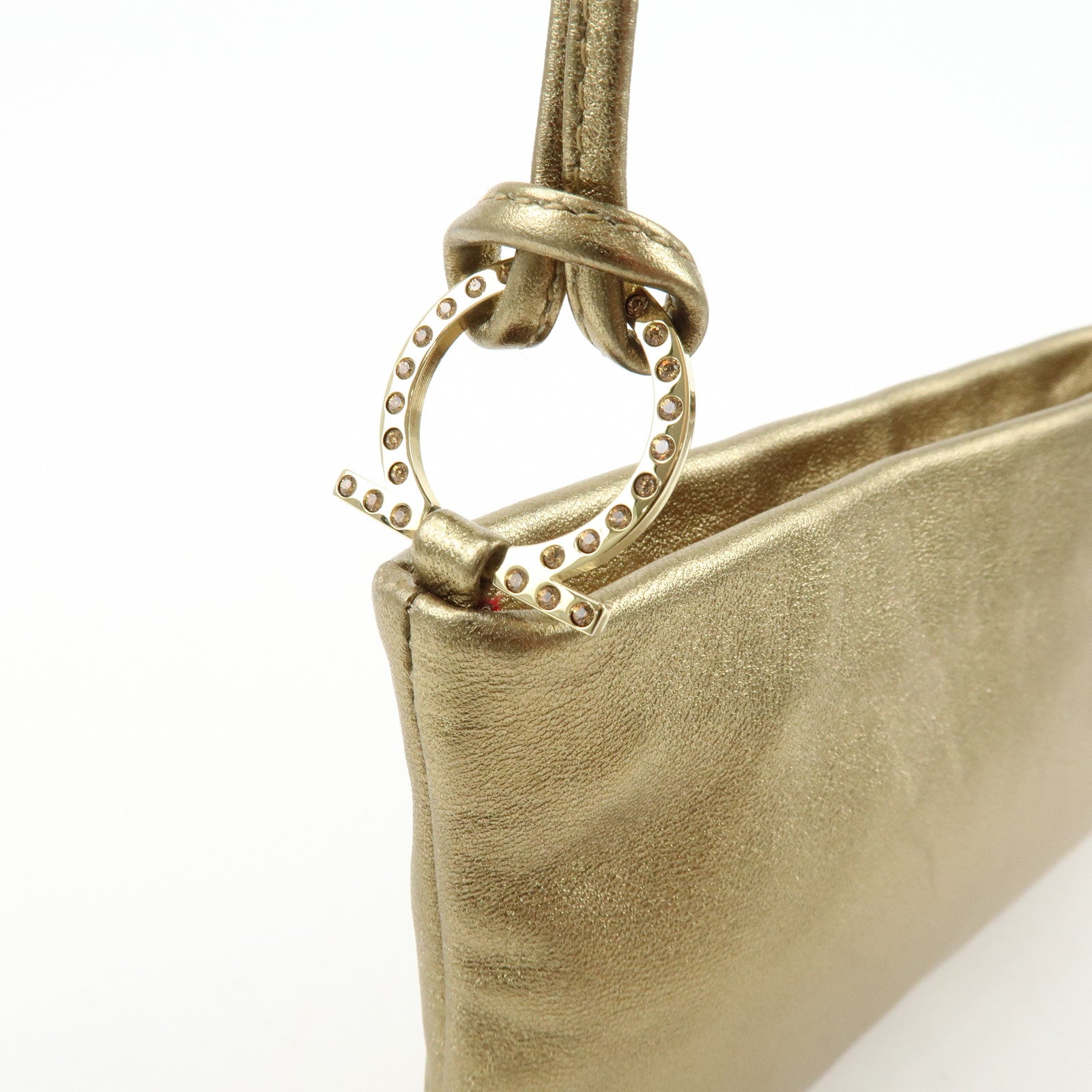 Ferragamo Gancini Nappa Leather Shoulder Hand Bag Gold