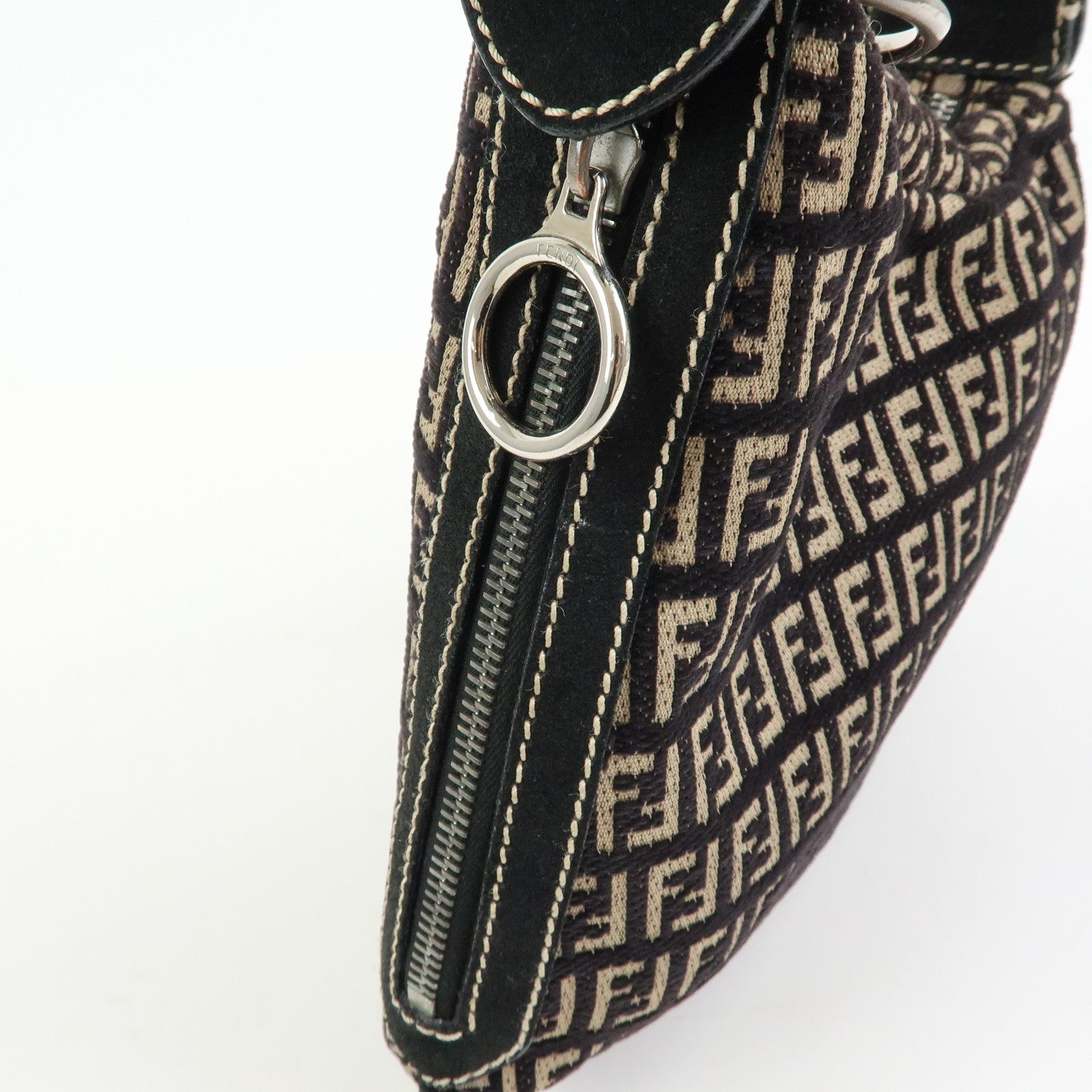 FENDI Zucchino Canvas Leather Shoulder Bag Hand Bag Black Beige