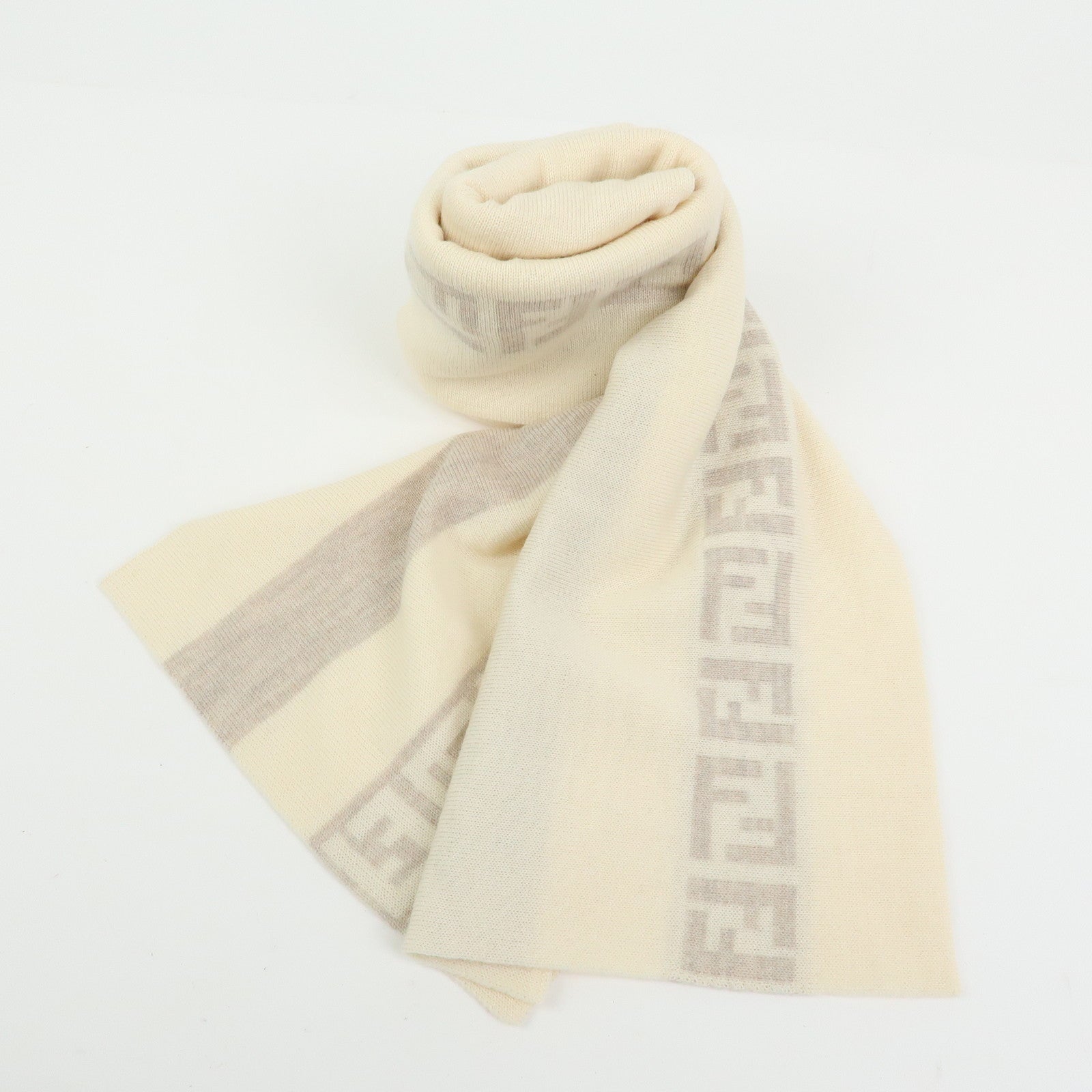 FENDI FF Logo Wool 100% Scarf Shawl Ivory Beige