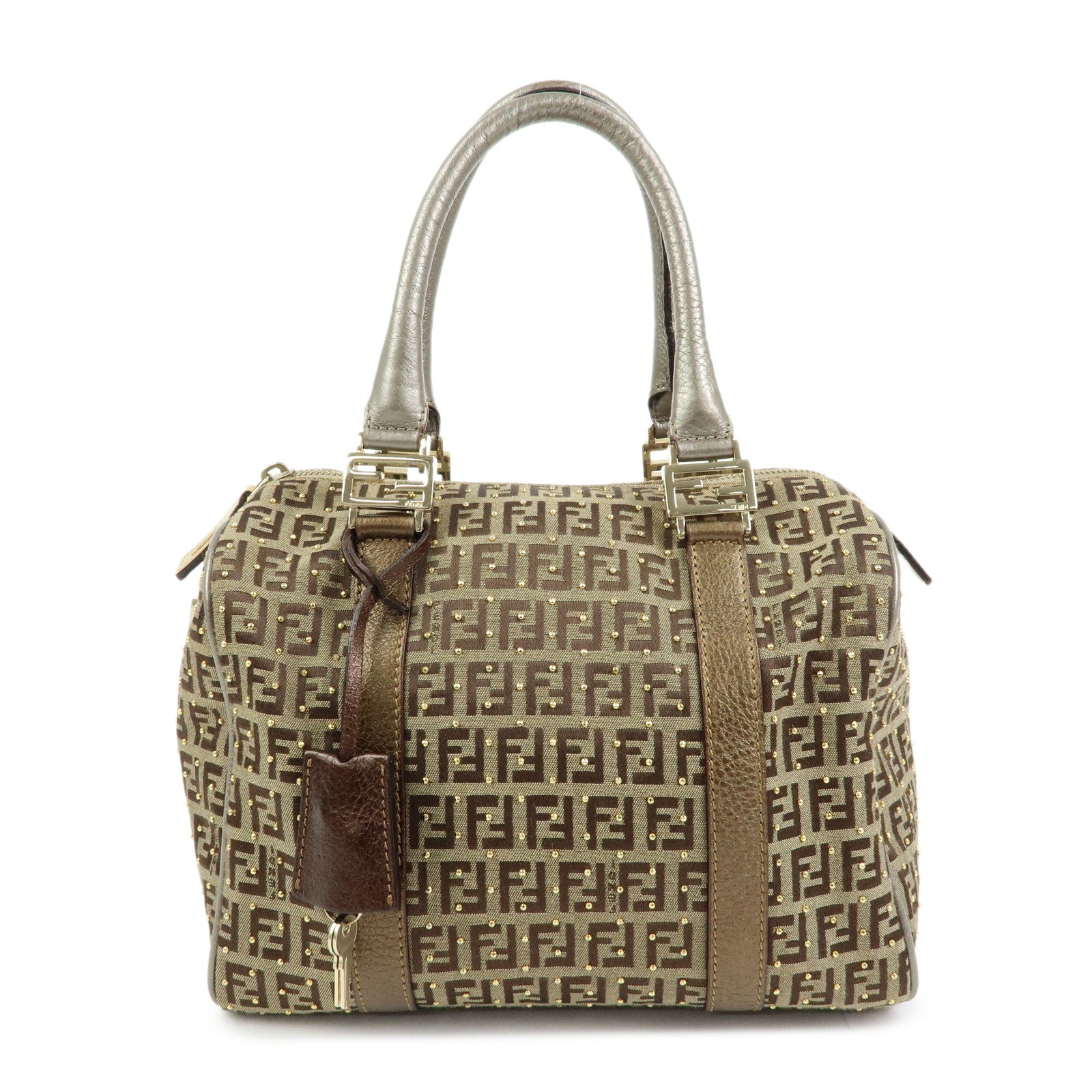 FENDI Zucchino Canvas Leather Boston Bag Hand Bag Beige Gold 8BL068