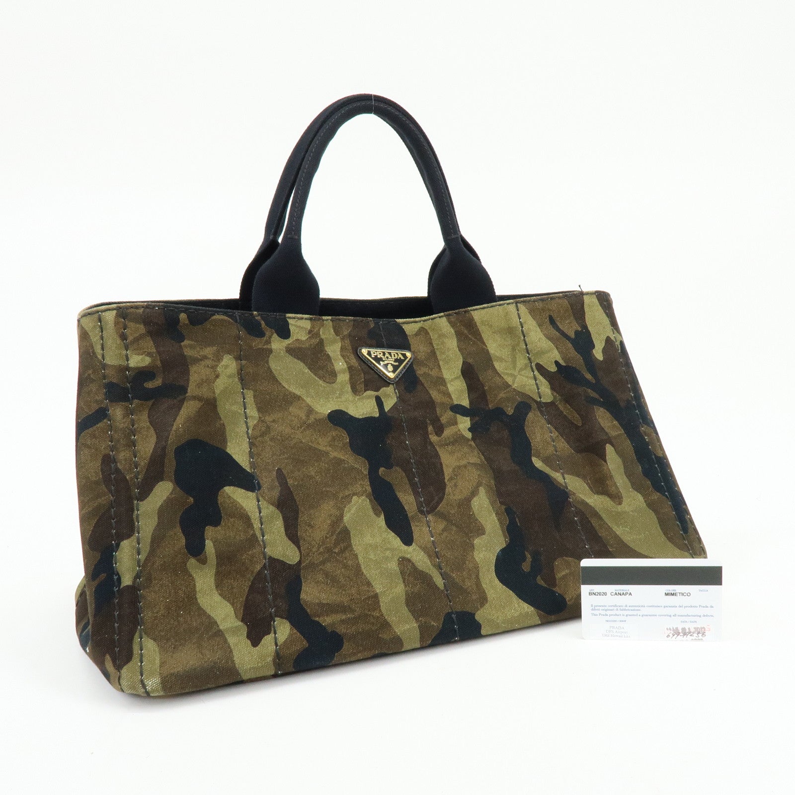 PRADA Canapa Triangle Logo Canvas Tote Bag Camouflage Khaki BN2020