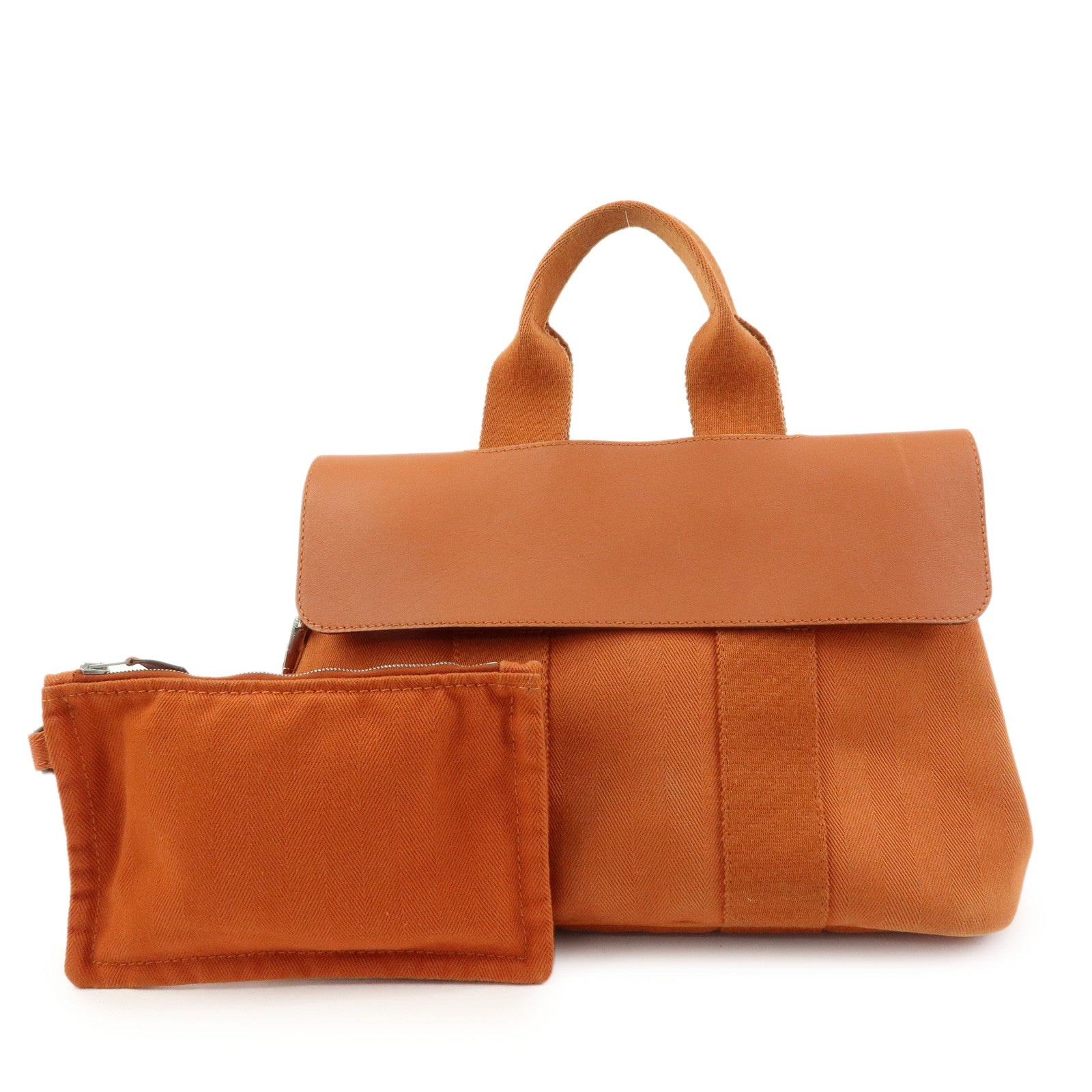 HERMES Valparaiso PM Toile Chevron Leather Tote Bag Hand Bag Orange