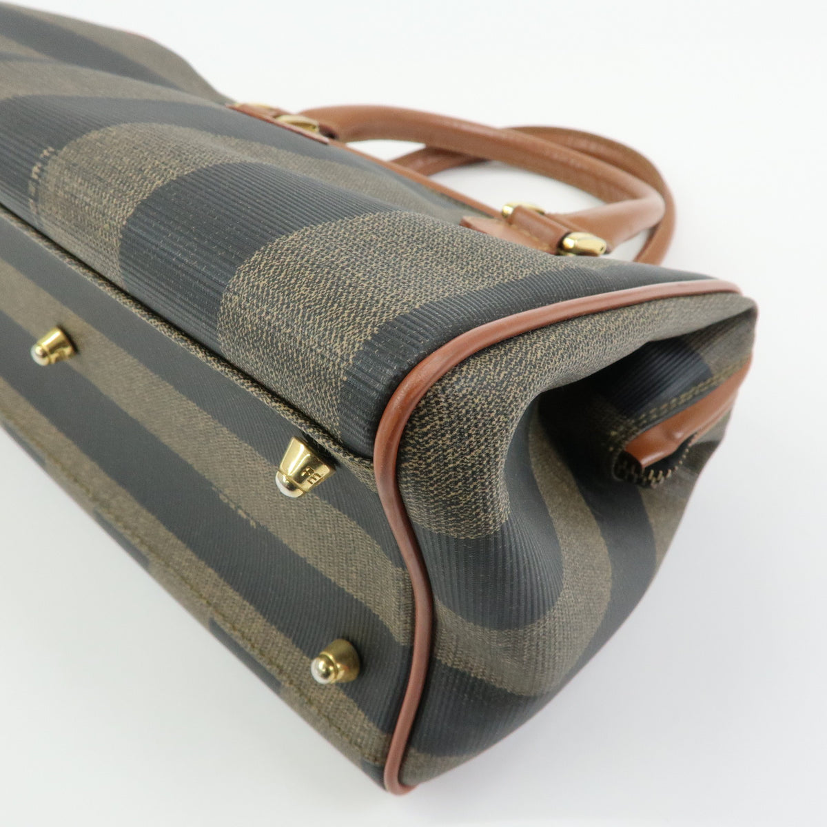 FENDI Pequin PVC Leather Boston Bag Hand Bag Brown Beige Black
