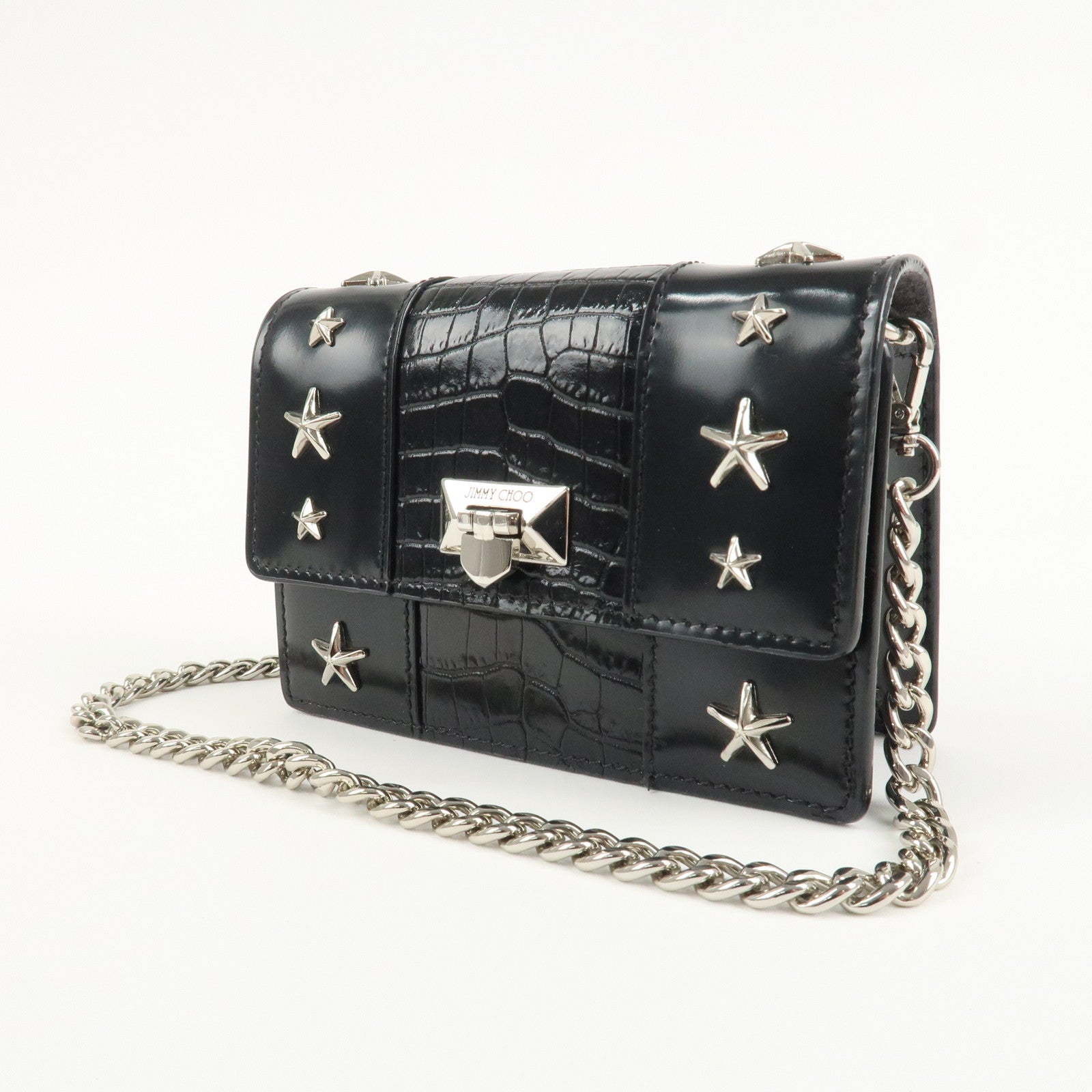JIMMY CHOO Leather Star Studs Chain Shoulder Bag Crossbody Bag Black Used