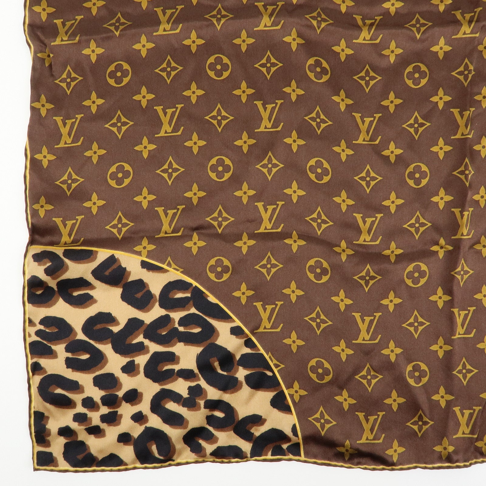 Louis Vuitton Monogram Silk 100% Scarf Shawl Leopard Pattern Brown