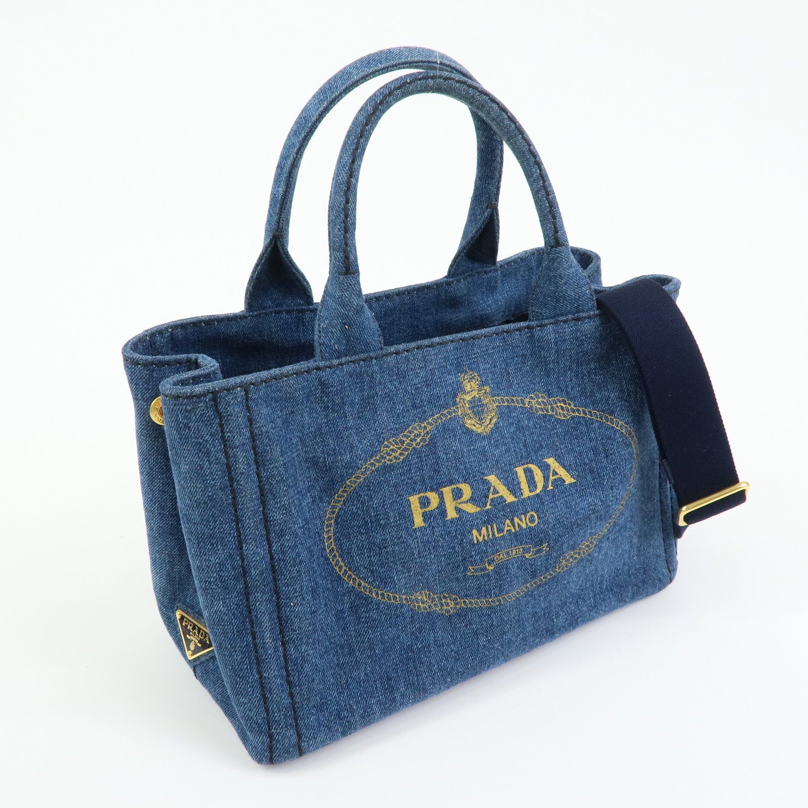 PRADA Triangle Logo Canapa Mini Denim 2Way Bag Hand Bag Blue 1BG439