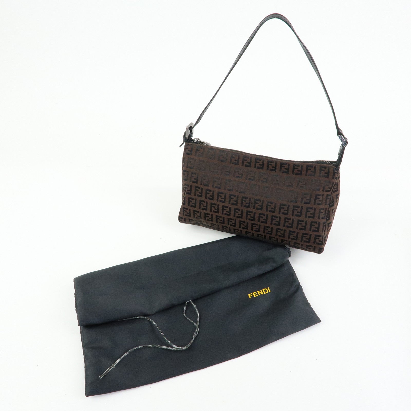 FENDI Zucchino Canvas Leather Shoulder Bag Brown Black 8BR267