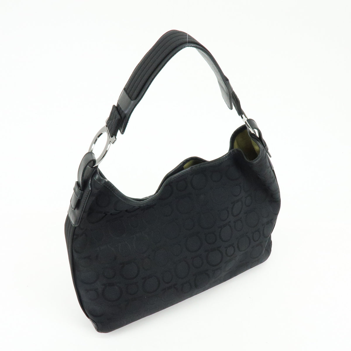 Ferragamo Gancini Canvas Leather Shoulder Bag Hand Bag Black